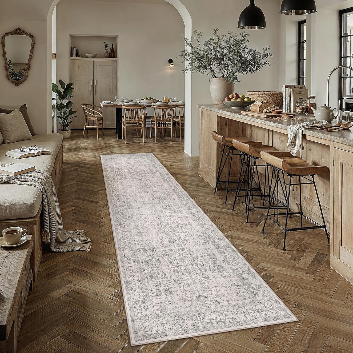 gray runner rug 3x10 hallway machine washable kitchen vintage distressed non slip long carpet indoor grey retro floral bedroom accent throw rug for bathroom office laundry dining living room 3' x 10' (runner) accent | grey