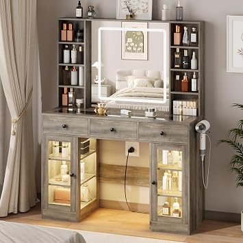 Grey Vanity Desk with Mirror and Lights, Glass Top Vanity with Lighted Mirror & RGB Cabinet and 3 Drawers, Dressing Table with 8 Shelves, Makeup Desk with Lights for Girls Bedroom, 3 Color Modes