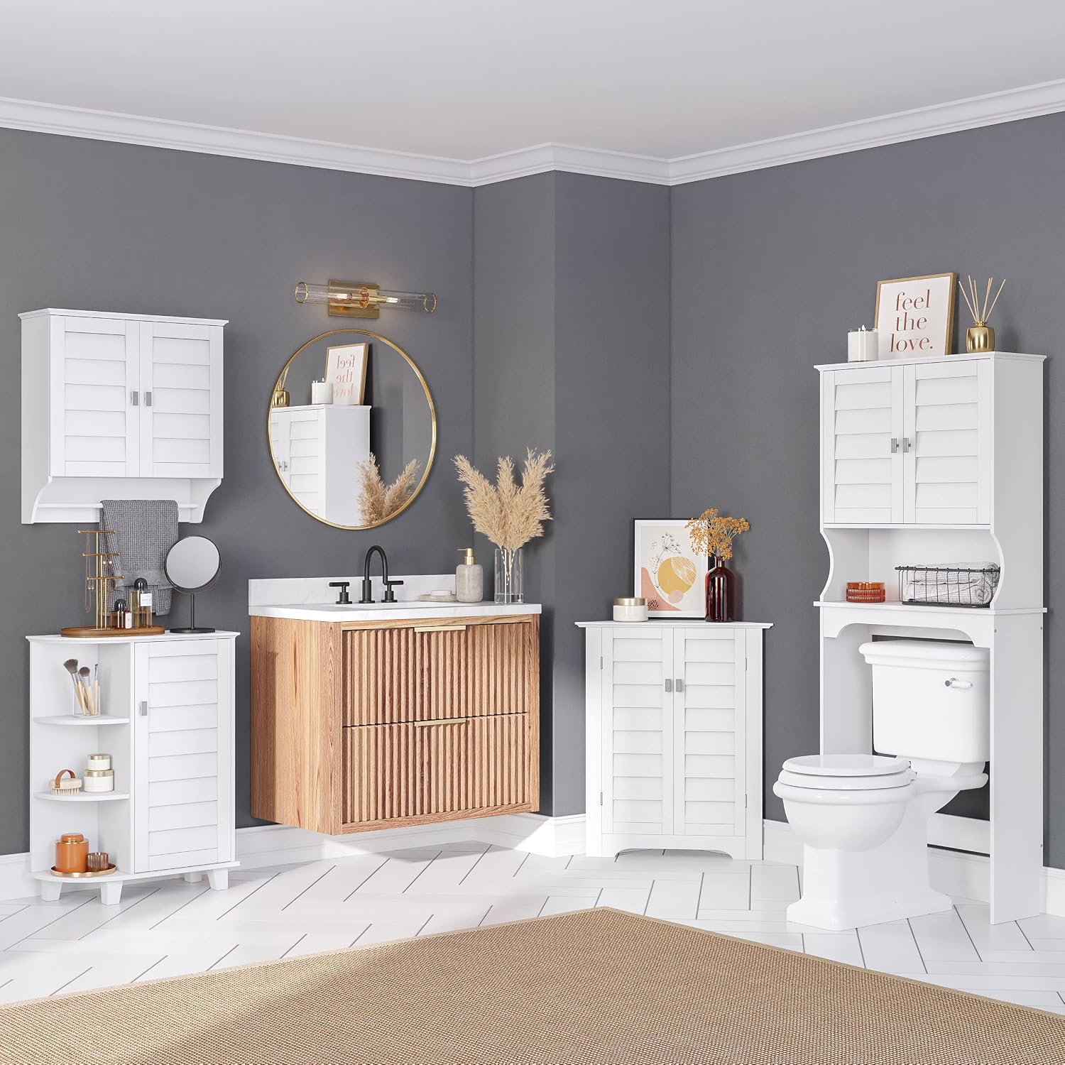 RiverRidge Brookfield Bathroom Cabinet with 2 Shutter Doors & Towel Bar – White Wall-Mounted Medicine Cabinet for Storage & Organization - Brushed Nickel Knobs, Easy Assembly