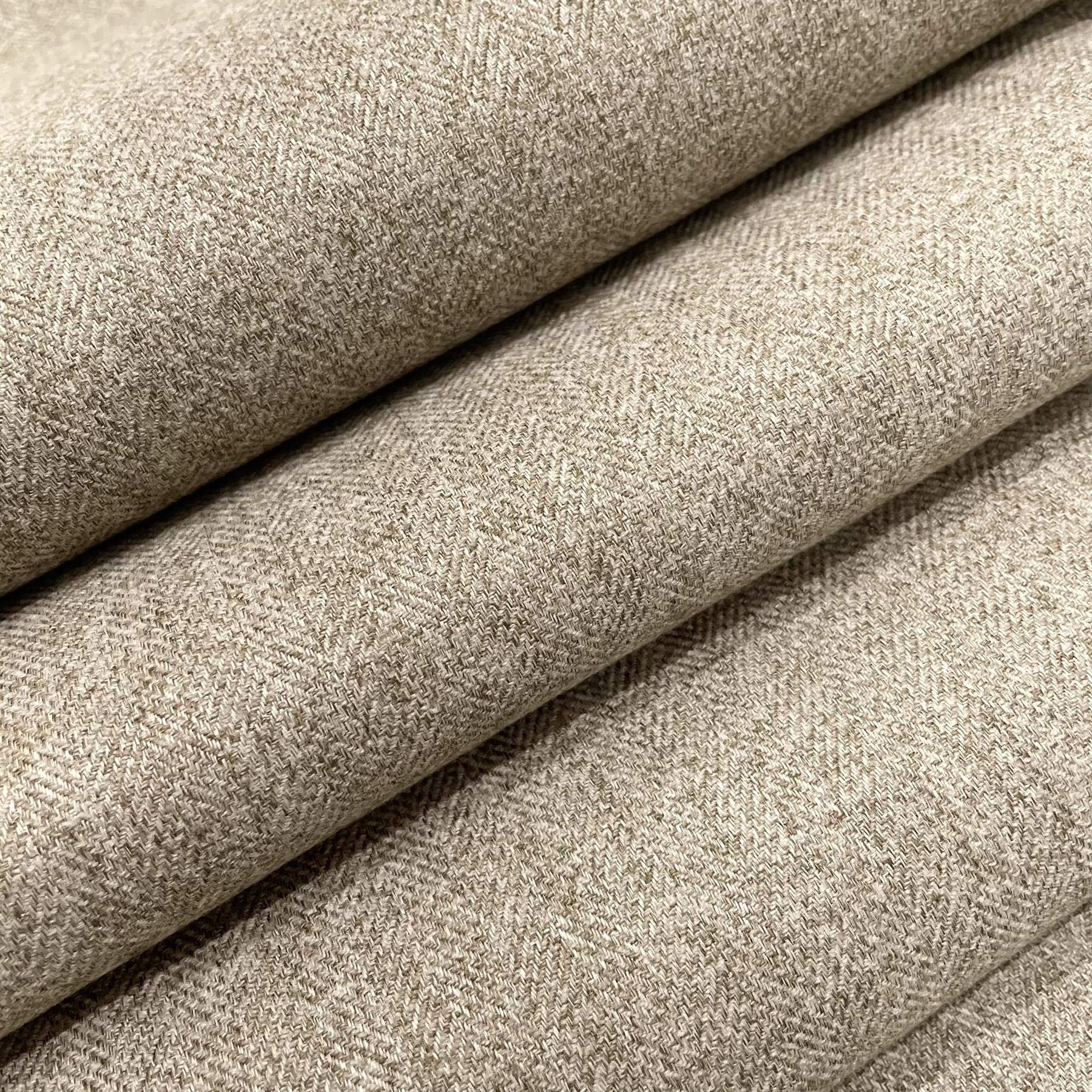 Fire Retardant Rustic Tweed Faux Wool Look Chevron Woven Herringbone Upholstery Fabric by The Metre - Sand