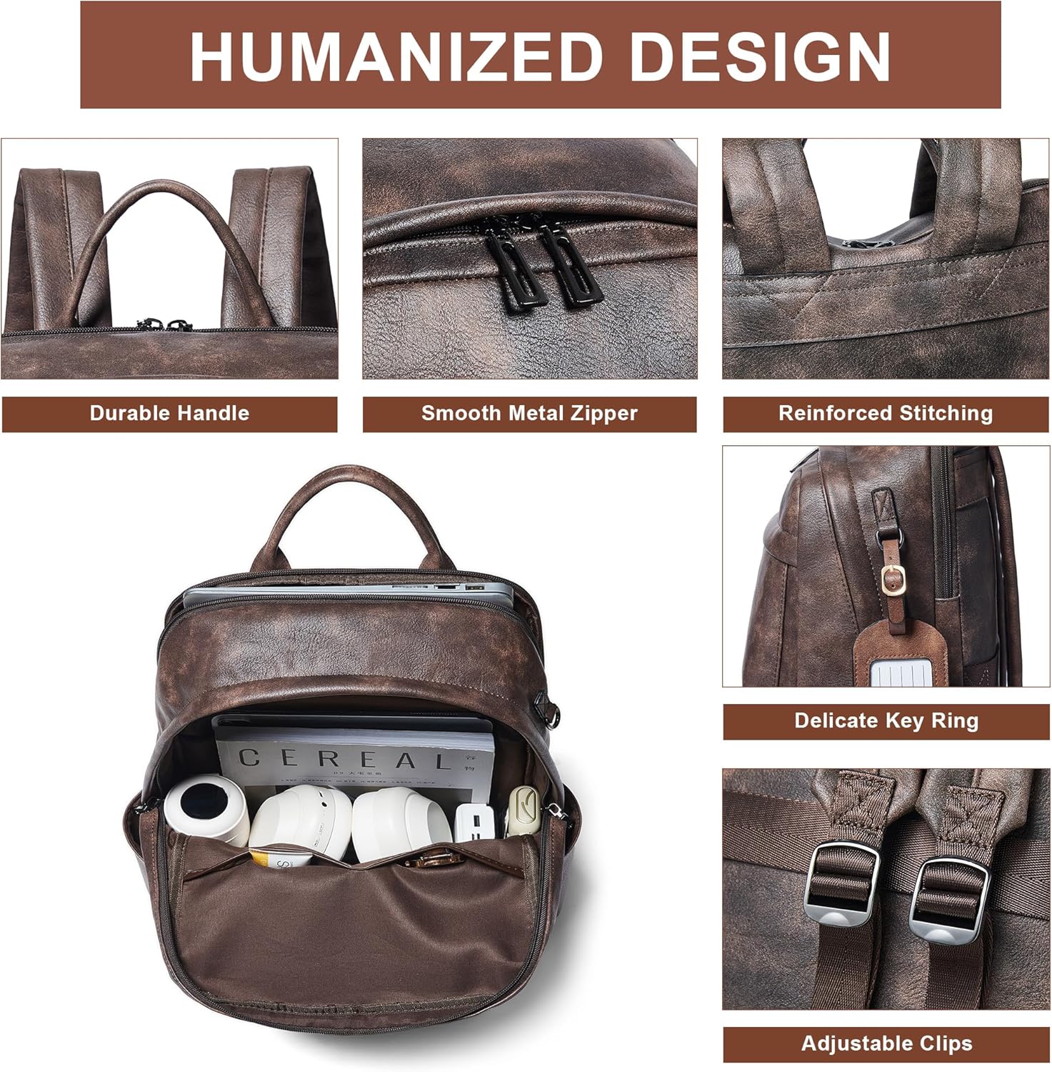 Vegan Leather Backpack for Women, Fits 15.6 Inch Laptop, Multi-Pocket Design with Water Bottle and Luggage Strap, Ideal for Work, Travel, and Daily Use, Coffee - Image 7