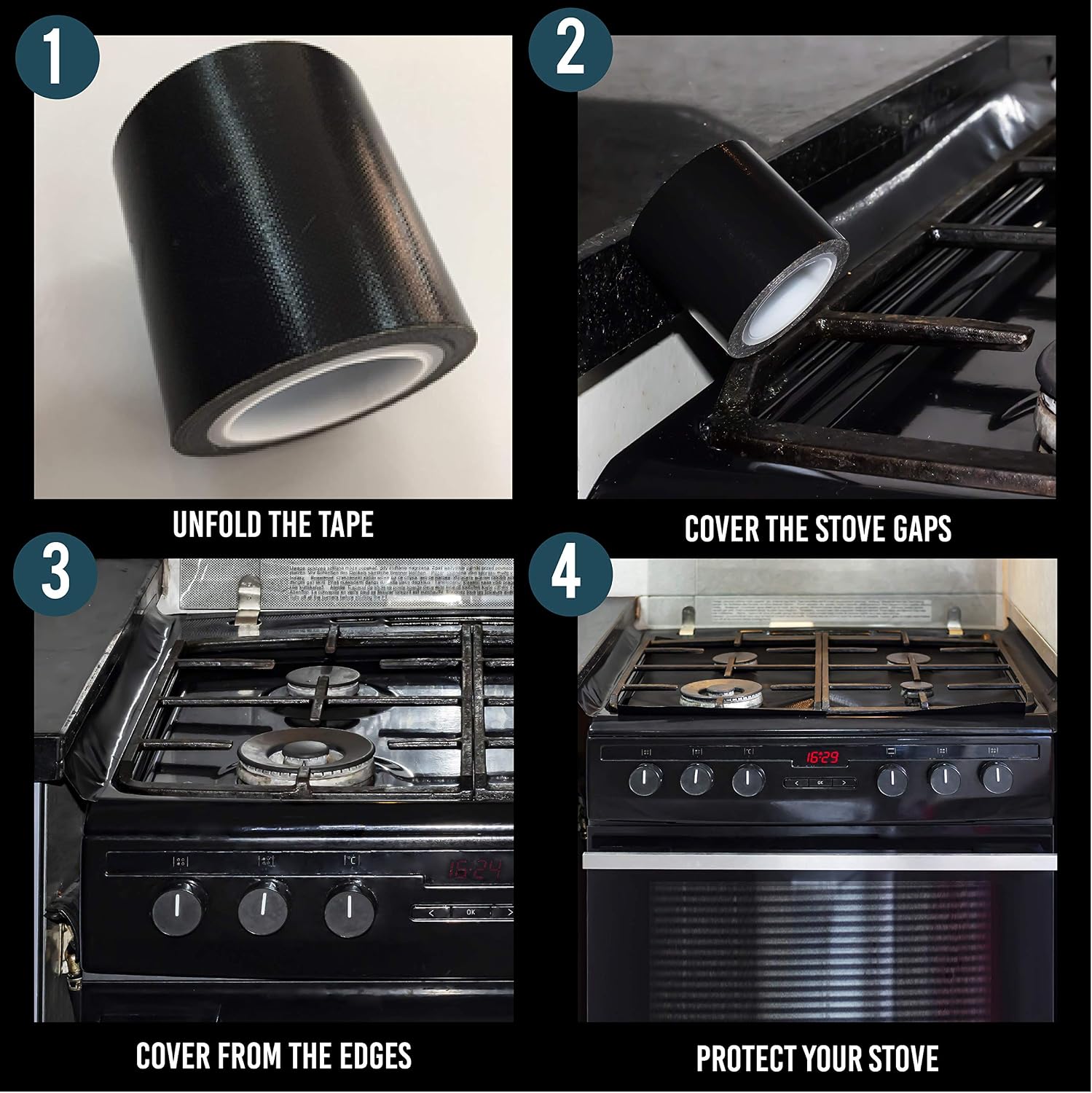 Kitchen Stove Counter Gap Cover,Seals Between Counter Range,Burner,Washer,Dryer,Extra Wide & Long,Heat Resistant,Waterproof Tape Set of 2 (2.5"X78", Black)