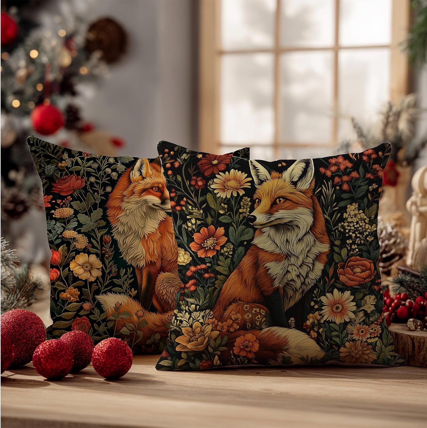 William Morris Fox Floral Print Pillow Covers 18x18 Set of 2,Vintage Cottagecore Fox Animal Floral Decorative Throw Pillow Covers for Home Bedroom Living Room - Image 6