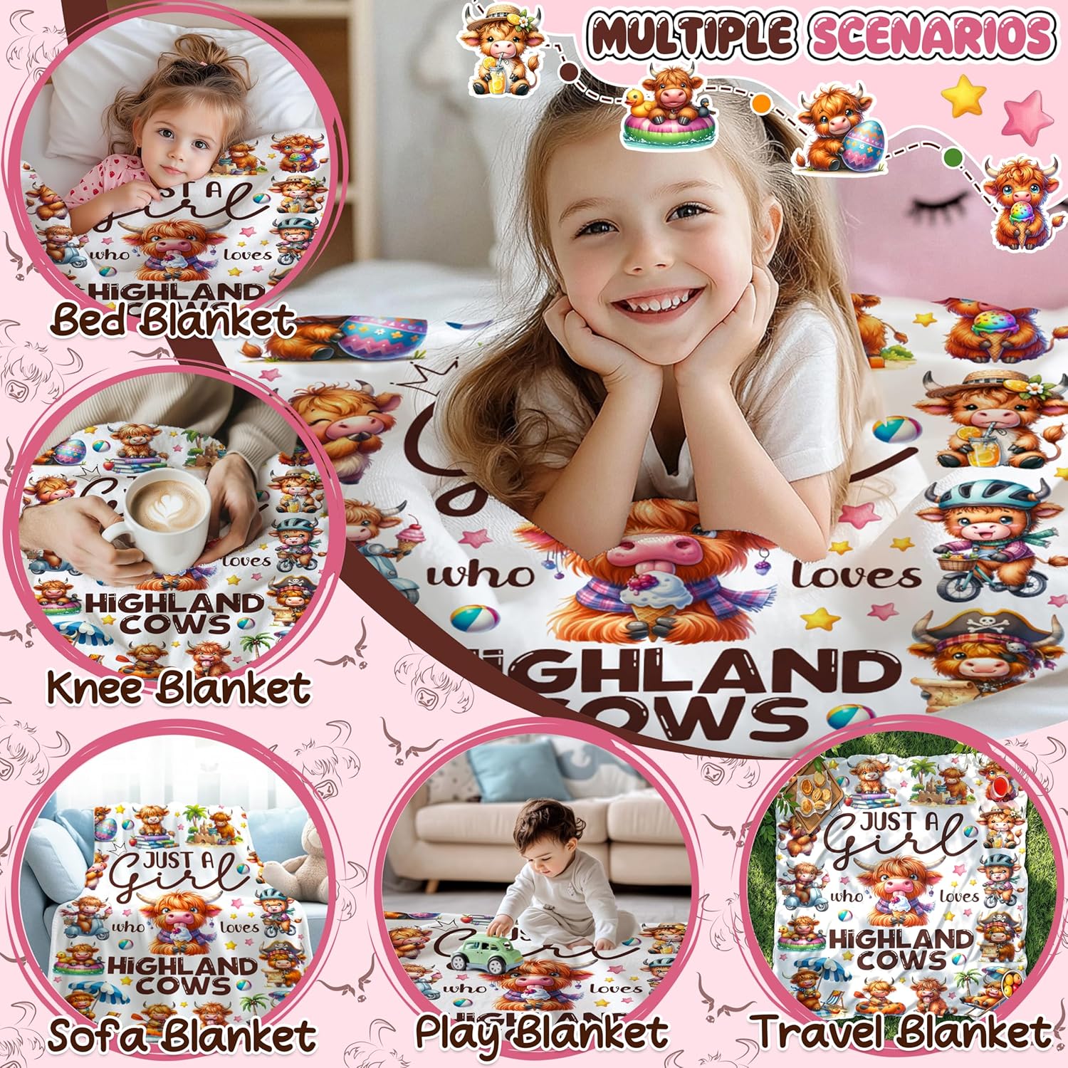 Highland Cow Blankets Just A Girl Who Loves Highland Cows Throw Blanket Cute Cows Blanket Gift for Women Girl Highland Cow Lover Soft Cozy Cow Print Decor Blankets for Crib Couch Sofa Cow Themed Stuff