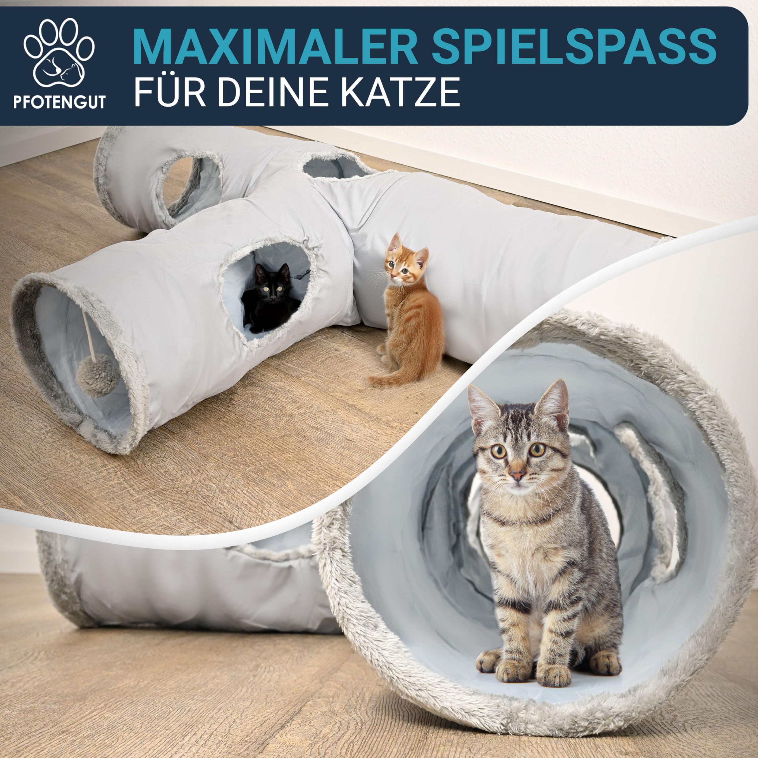 Katzentunnel XXL [für kleine und große Katzen] - robuster Spieltunnel zur Beschäftigung deiner Katze - 115cm Langer Tunnel mit verschiedenen Öffnungen inkl. Spielball