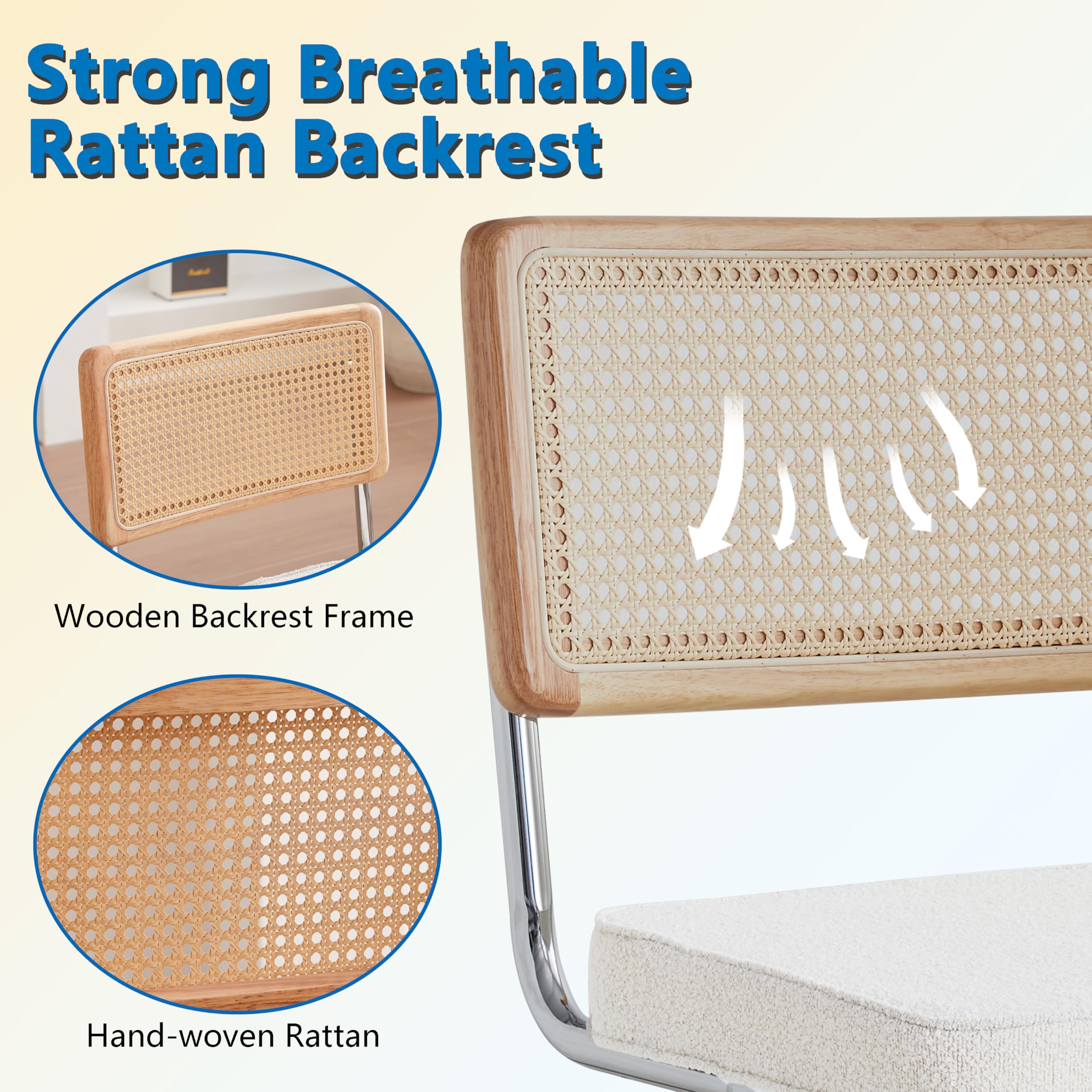 GrandCA HOME Set di 4 Sedie da Pranzo con Schienale in Canna Naturale e Base in Acciaio Cromato, Sedie da Cucina Imbottite in Rattan,Bianco