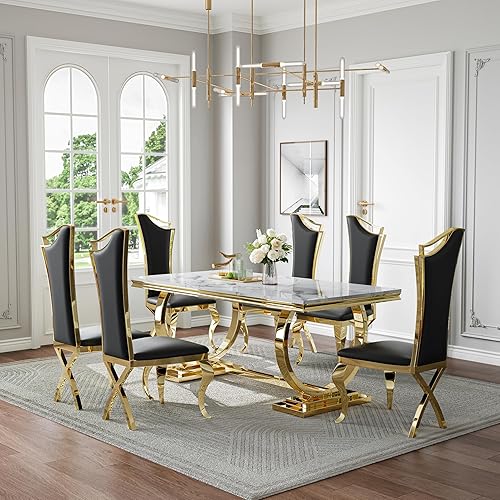 Miniatura 43 de Juego de mesa de comedor de mármol sintético de 70 pulgadas para 6, mesa de cocina grande y sillas de cuero sintético blanco, mesas de comedor Plata