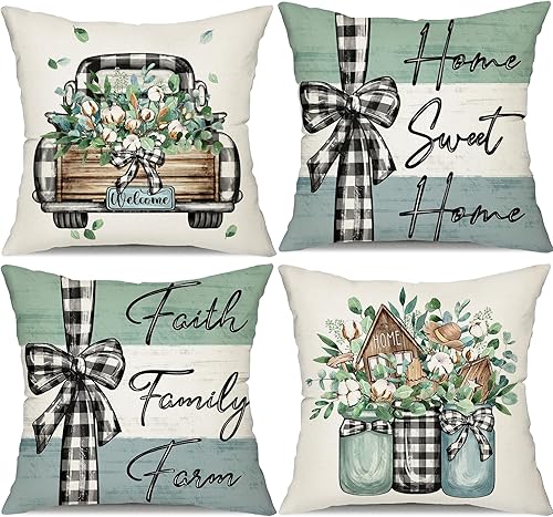 DFXSZ Fundas de almohada de granja de 20 x 20 pulgadas, juego de 4 fundas de almohada de hojas de eucalipto, decoración de camión, dulce hogar,