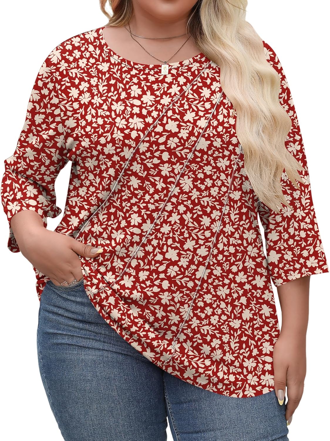 LOMON Womens Plus Size Tops 3/4 Length Sleeve Womens Tops Pleated Crewneck Fall Shirts Summer Blouses 2026 (1X-5X) - Image 2