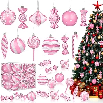 48Pc Christmas Ornament Candy Set Shatterproof Tree Pendant Pink