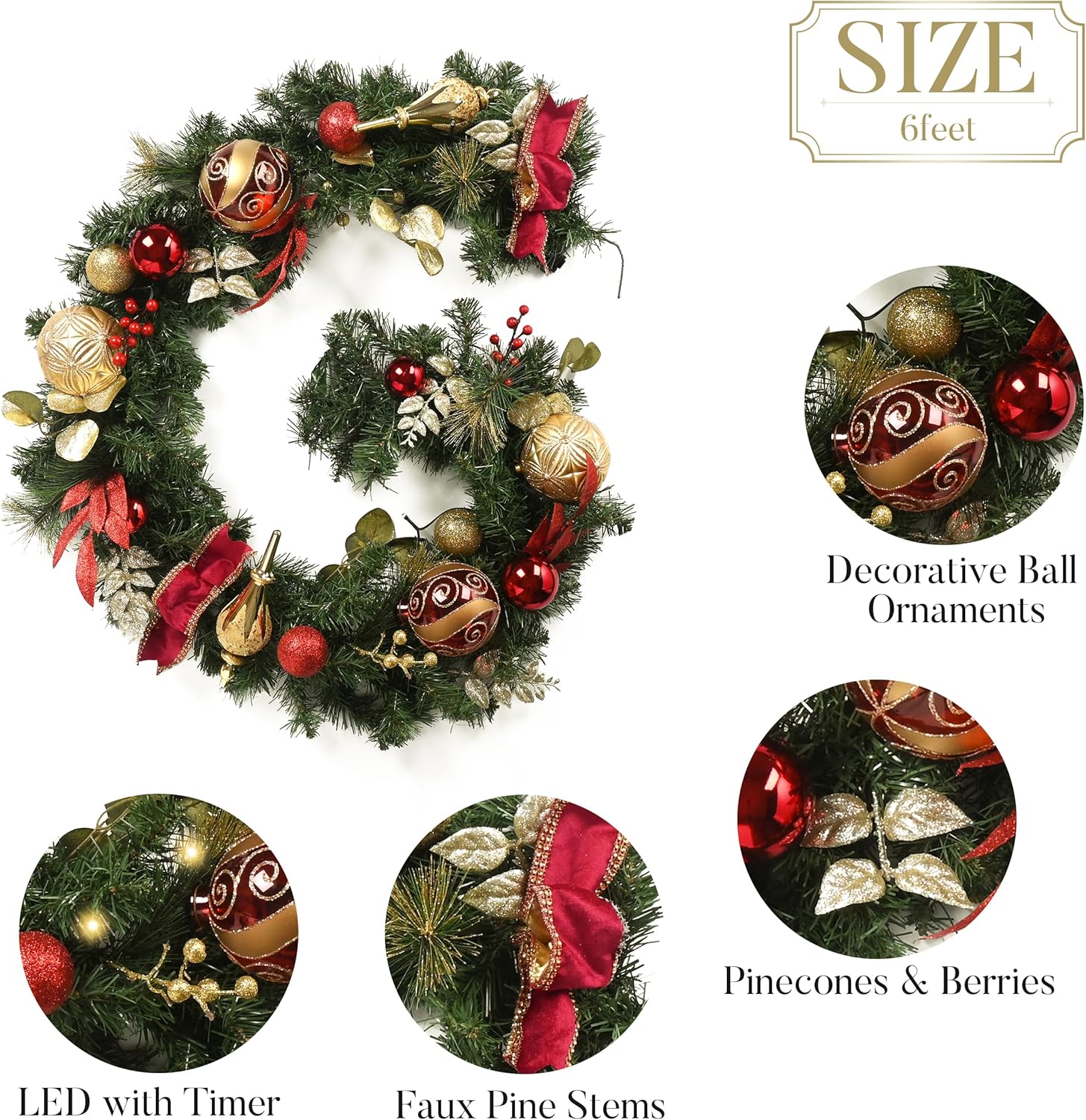 Valery Madelyn 6 Feet Pre-Lit Christmas Garland with Lights for Mantle, Lighted Outdoor Xmas Garland with Red Gold Ball Ribbons for Home Stairs Fireplace Table Centerpiece Indoor Holiday Party Decor