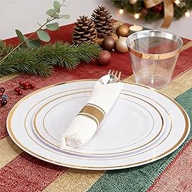 WELLIFE 350Pcs Gold Plastic Plates for 50 Guests - Plastic Dinnerware Set, Includes 100 Party Plates,150 Gold Silverware Disposable,50 Napkins,50 Cups,Disposable Plates for Party and Christmas