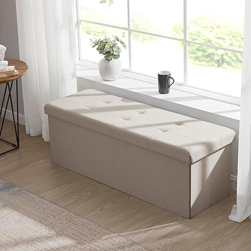 Miniatura 88 de Ornavo Home Otomana plegable de almacenamiento de 15 pulgadas, taburete cuadrado pequeño de almacenamiento, banco de dormitorio, color beige