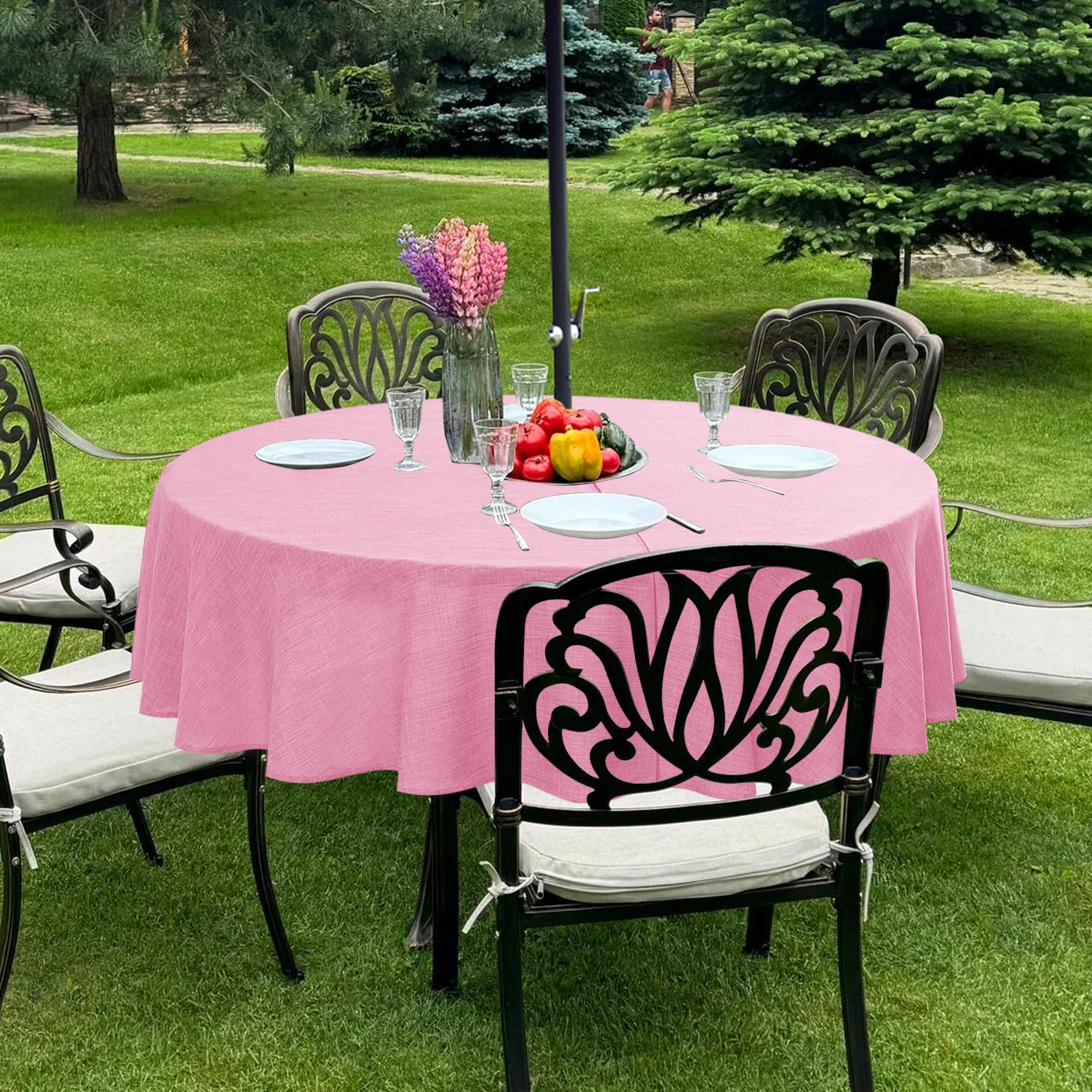 Outdoor Tablecloth with Umbrella Hole - Patio Table Cloth Zippered Round 60 Inch, Pink Linen-Look Polyester Table Cover Water Resistant for Picnic Outside