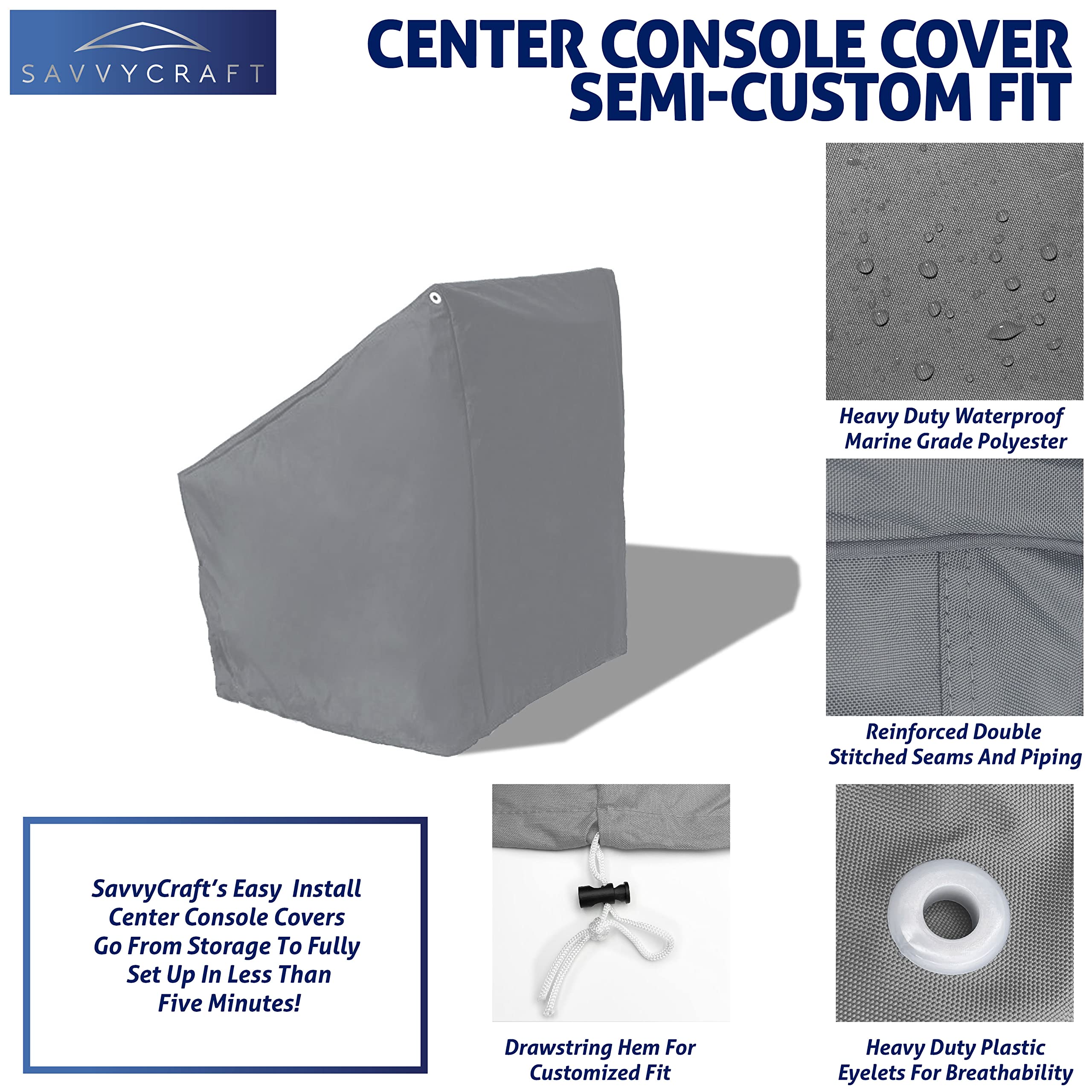 SavvyCraft Waterproof Boat Center Console Cover, Heavy Duty 600D Marine Grade Polyester Helm Cover for Center Console Boat, Large Size Fits up to 46