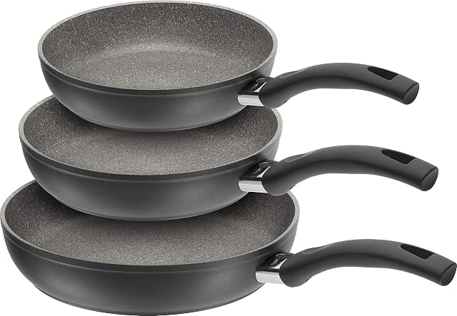 Ballarini Bari Pan Aluminium with Granitium Non-Stick Coating Suitable for Induction Cookers Temperature Control Made in Italy, Aluminium Steel Plastic, Grey, 20 cm + 24 cm + 28 cm