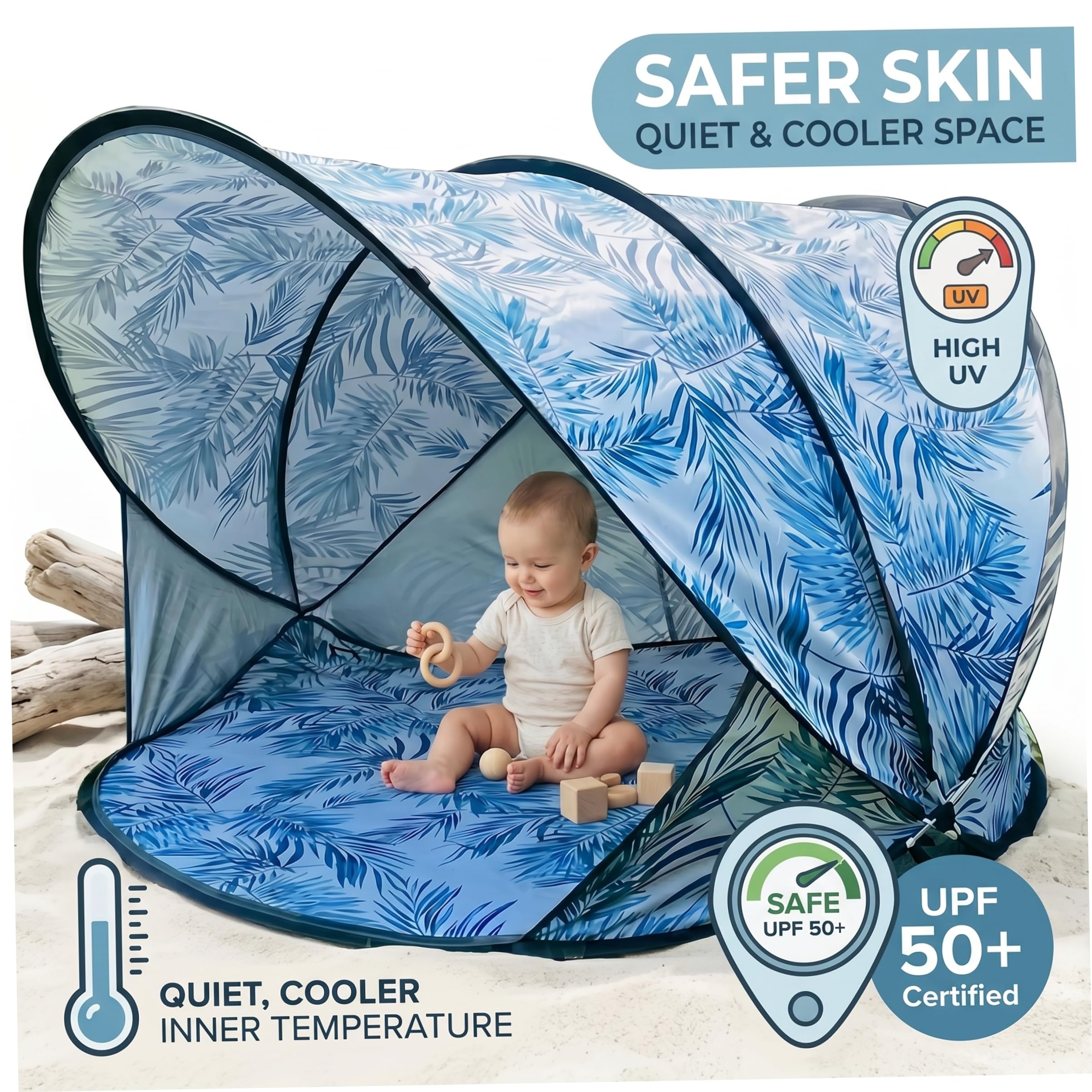 Tente de Plage Bleue pour 2 Personnes UPF 50+, abri Solaire pour Nourrissons et Tout-Petits, auvent pour Plage, Parc, Voyage