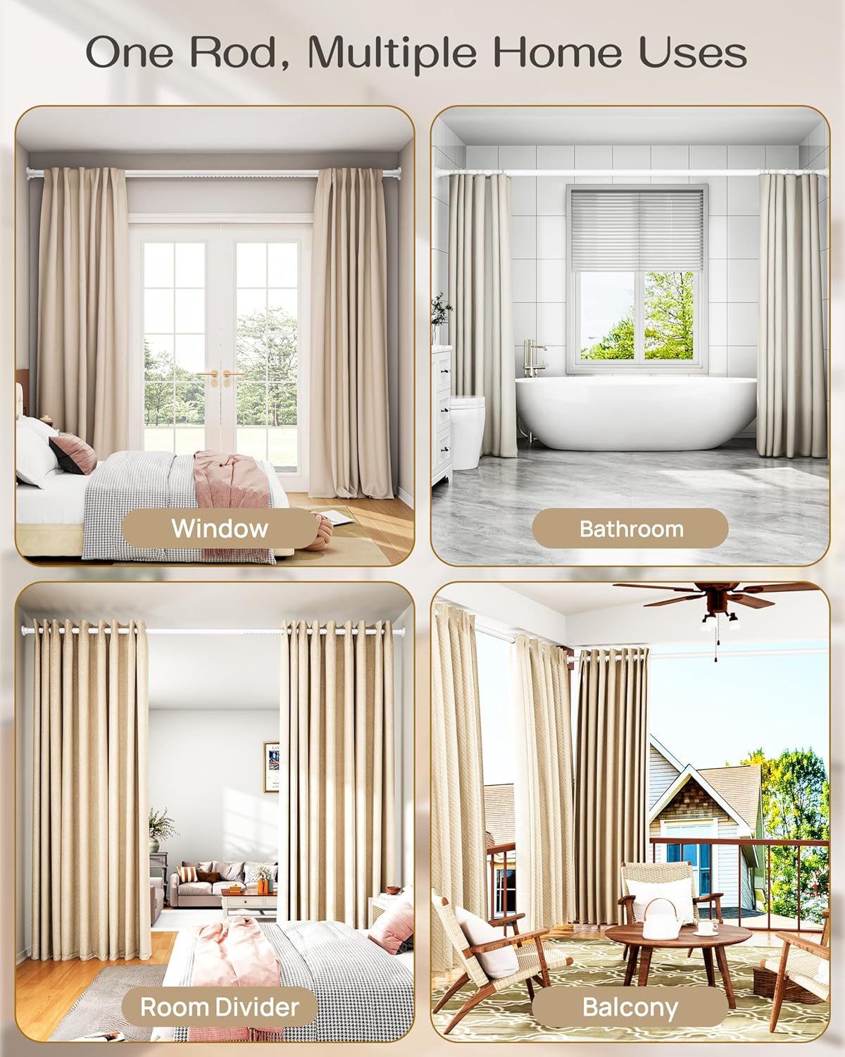 Tension Curtain Rod by EZFurni, 42 to 123 Inch, Heavy Duty Tension Rod for Windows, Anti-Slip White Curtain Rod Spring Tension, Adjustable Spring Loaded Curtain Rods No Drilling, Easy Install