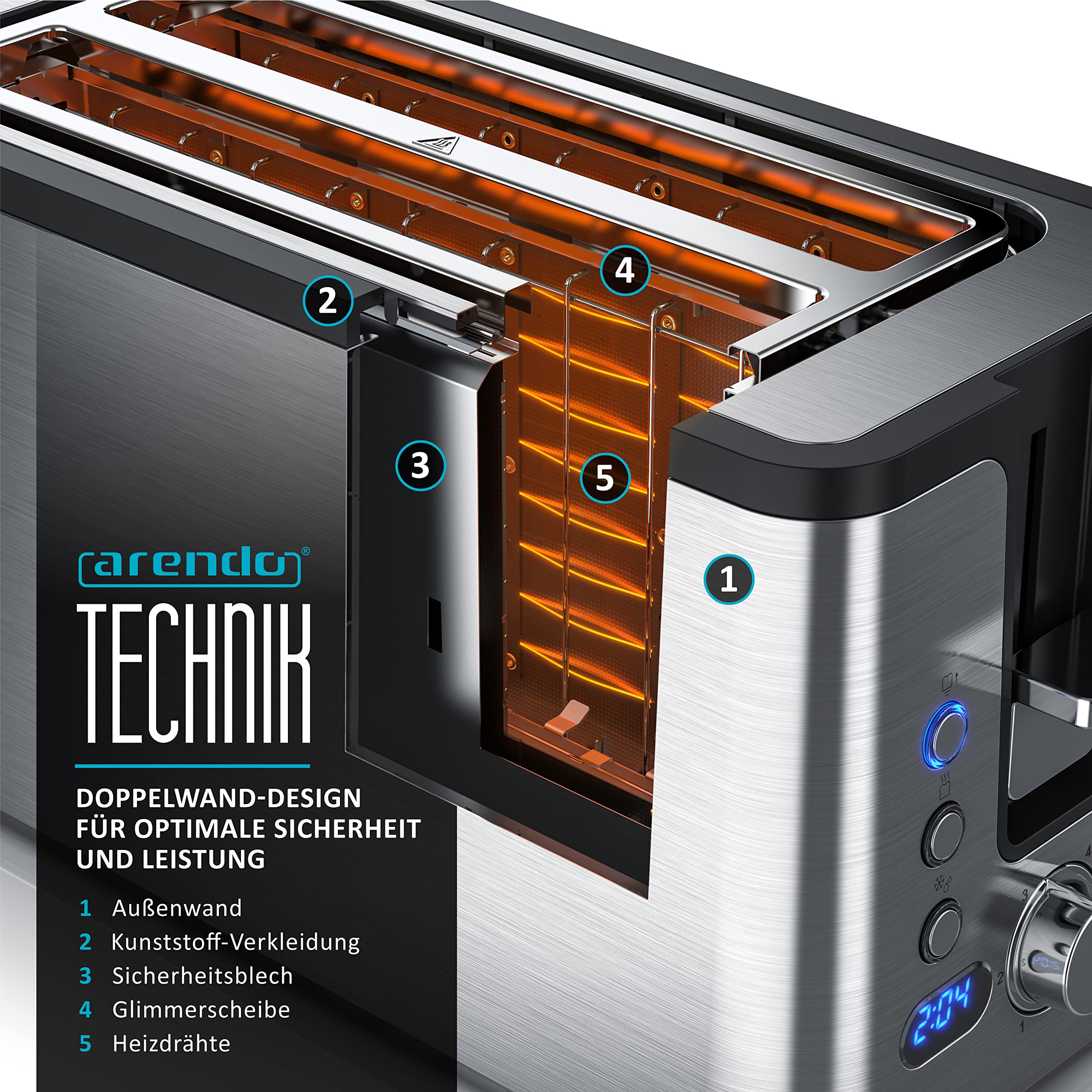 Arendo - Edelstahl Toaster Langschlitz 4 Scheiben - Defrost Funktion - wärmeisolierendes Gehäuse - mit integriertem Brötchenaufsatz - 1400W - Krümelschublade - Display mit Restzeitanzeige - Silber