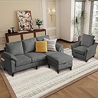 Vista 4 de Juego de sofá de pana de 3 piezas para sala de estar con sofá, otomana de almacenamiento y silla individual