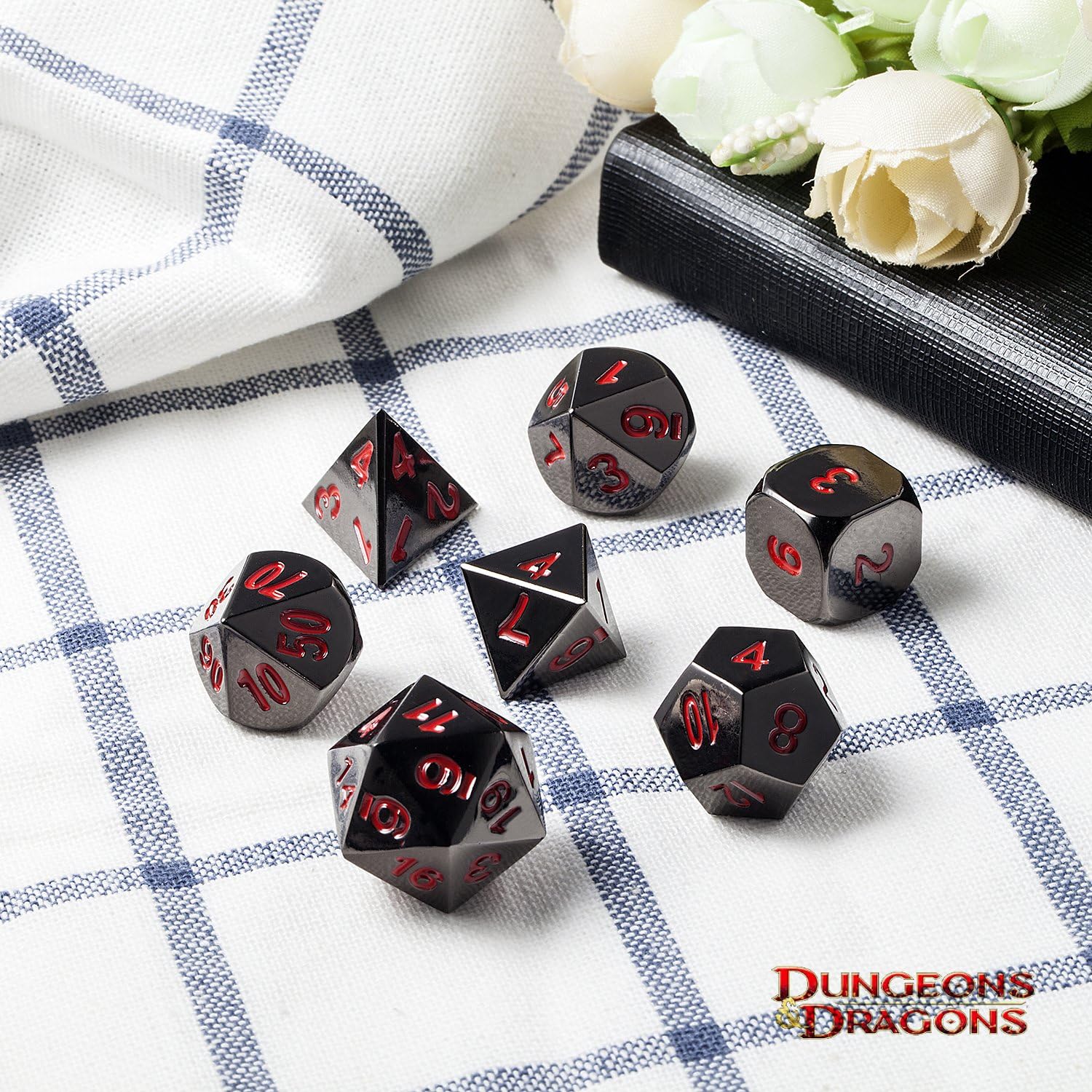 Metal Dice Set D&D, Zinc Alloy 7-Die Polyhedral Dice Set with Red Numbers for Dungeons and Dragons Role Playing Game DND RPG Shadowrun and Math Teaching