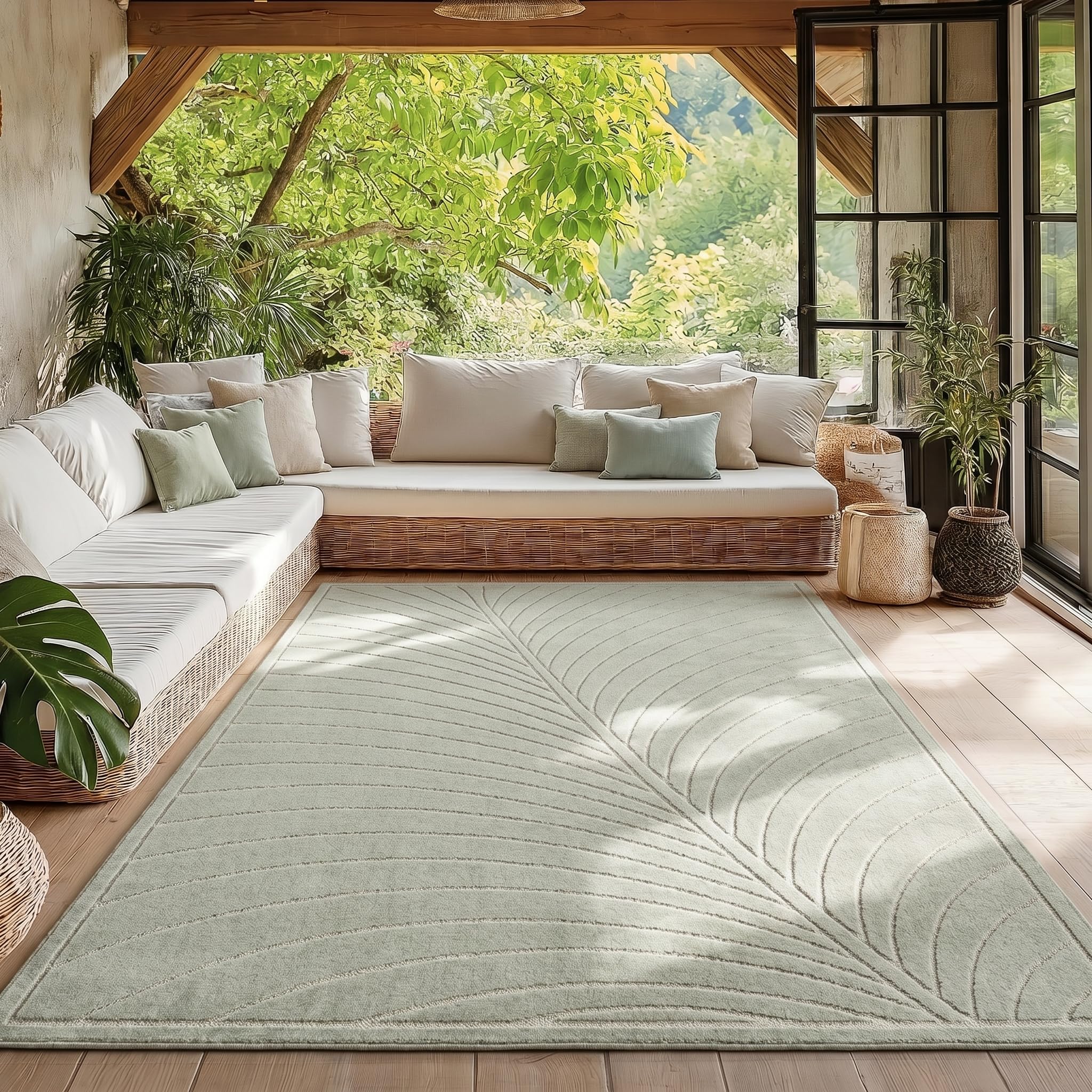 HomebyHome Kurzflor Teppich Wohnzimmer Schlafzimmer 3D Hoch-Tief-Effekt, Skandinavisch Boho Motiv, für Outdoor Bereich geeignet Terrassen oder im Balkon