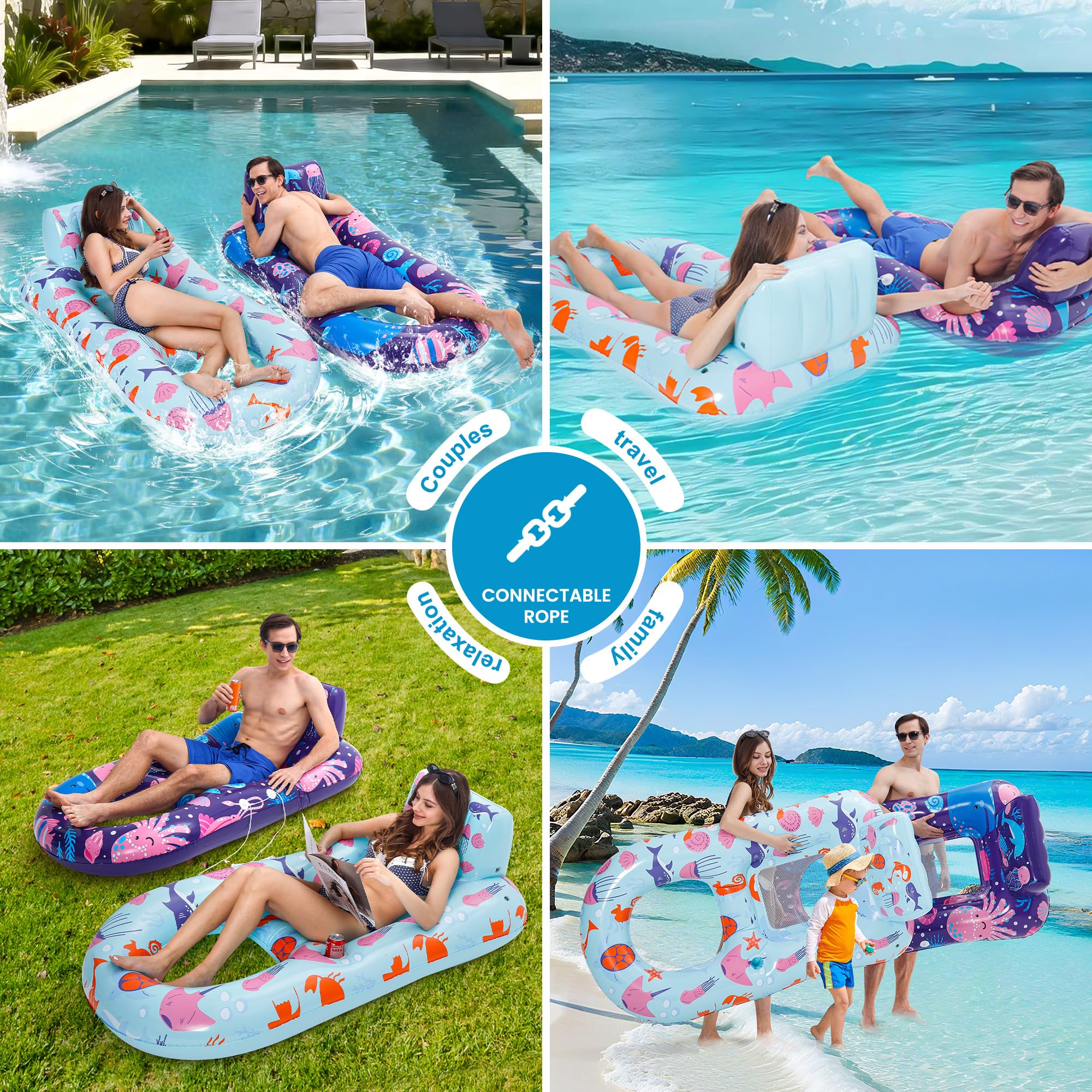 PuppyuWill 2 Stück Pool Floats Erwachsene Aufblasbare Pool Liege Float Heavy Duty mit Getränkehalter, Rückenlehne & Fußstütze Pool Lounge Float Extra Große Pool Floats für Erwachsene Strand See Party