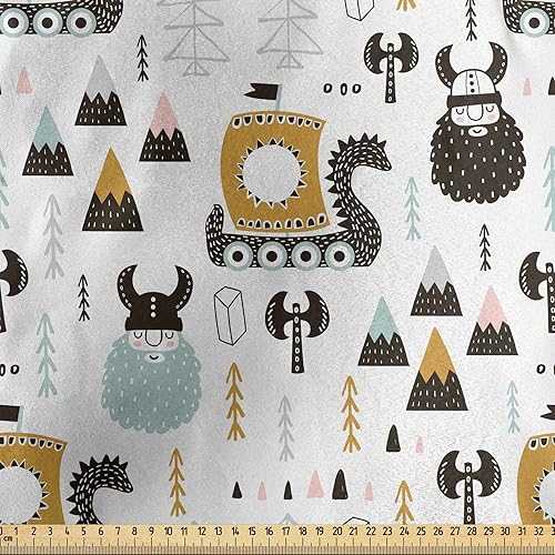 Miniatura 2 de Lunarable Tela escandinava de The Yard, patrón infantil con elementos históricos culturales nórdicos dibujados a mano, tela de satén decorativa para