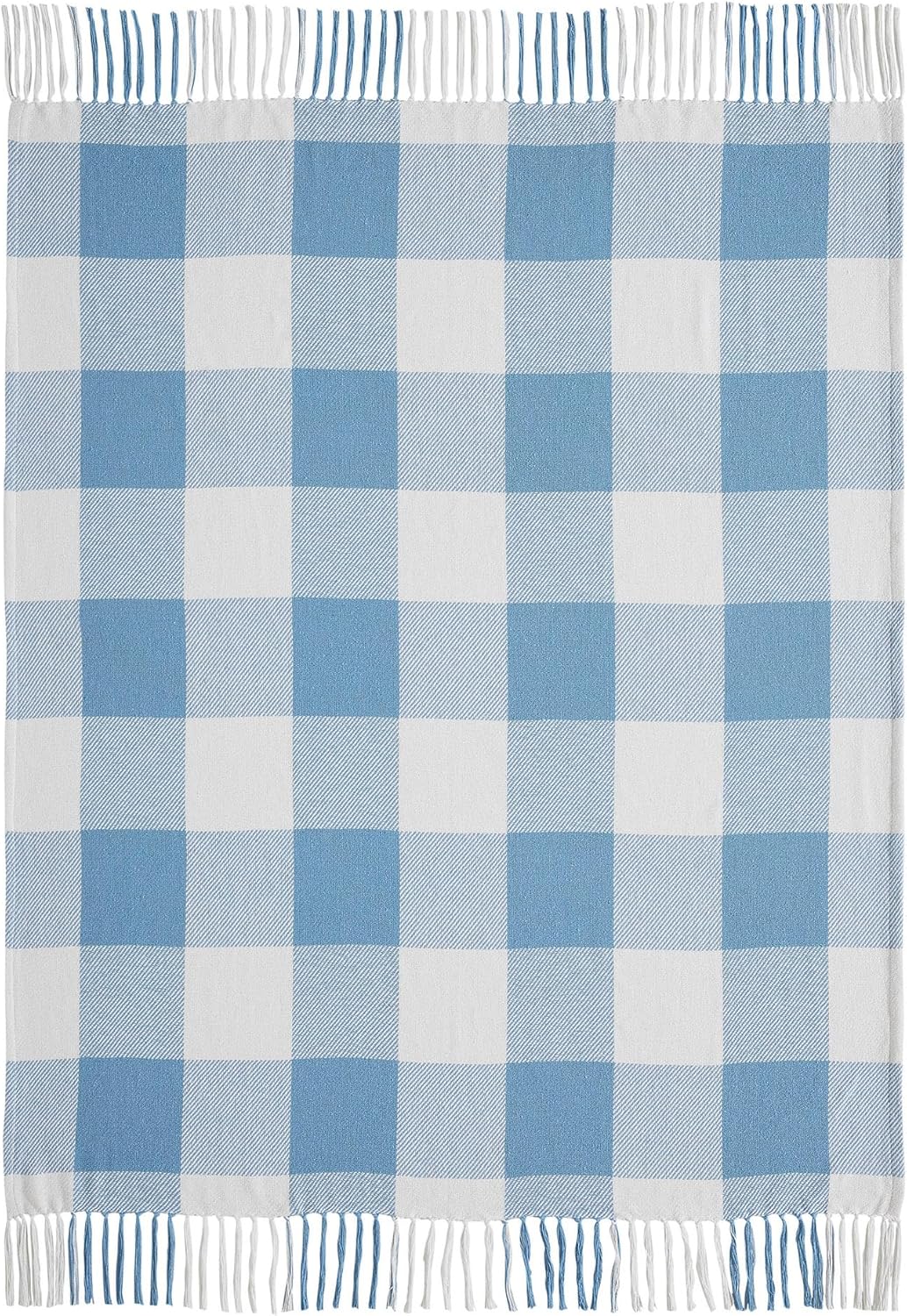VHC Brands Annie Buffalo Check Farmhouse Country Rustic Woven Throw Blanket for Bedroom Living Room Sofa Couch Checkered White Blue 50x60