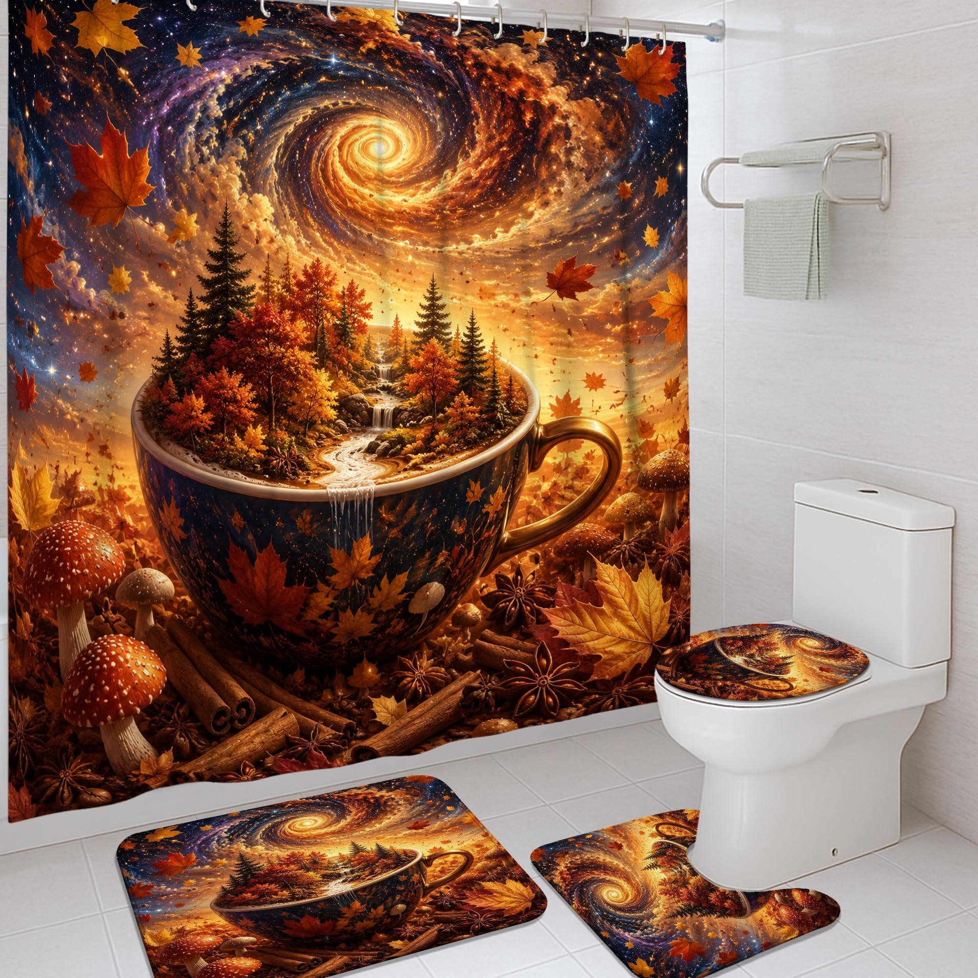 Ensemble rideau de douche anti-moisissure et tapis absorbant orange feuilles d'automne