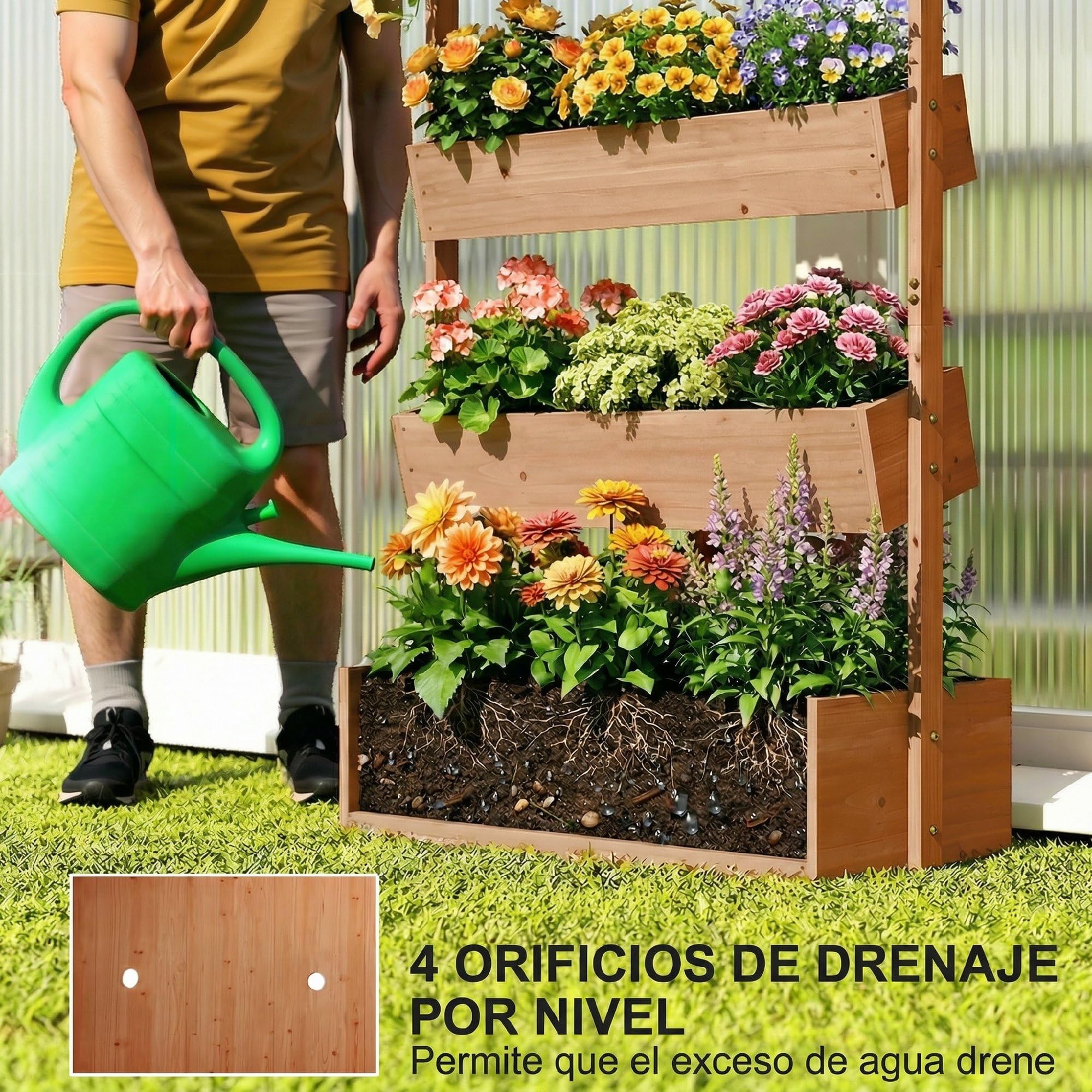 Outsunny Jardinera de Madera de 4 Niveles, Jardinera Exterior Elevada con Orificios de Drenaje y Tela no Tejida, Macetero para Cultivos, Plantas, Flores, para Terraza, Jardín, 85x45x140 cm, Marrón