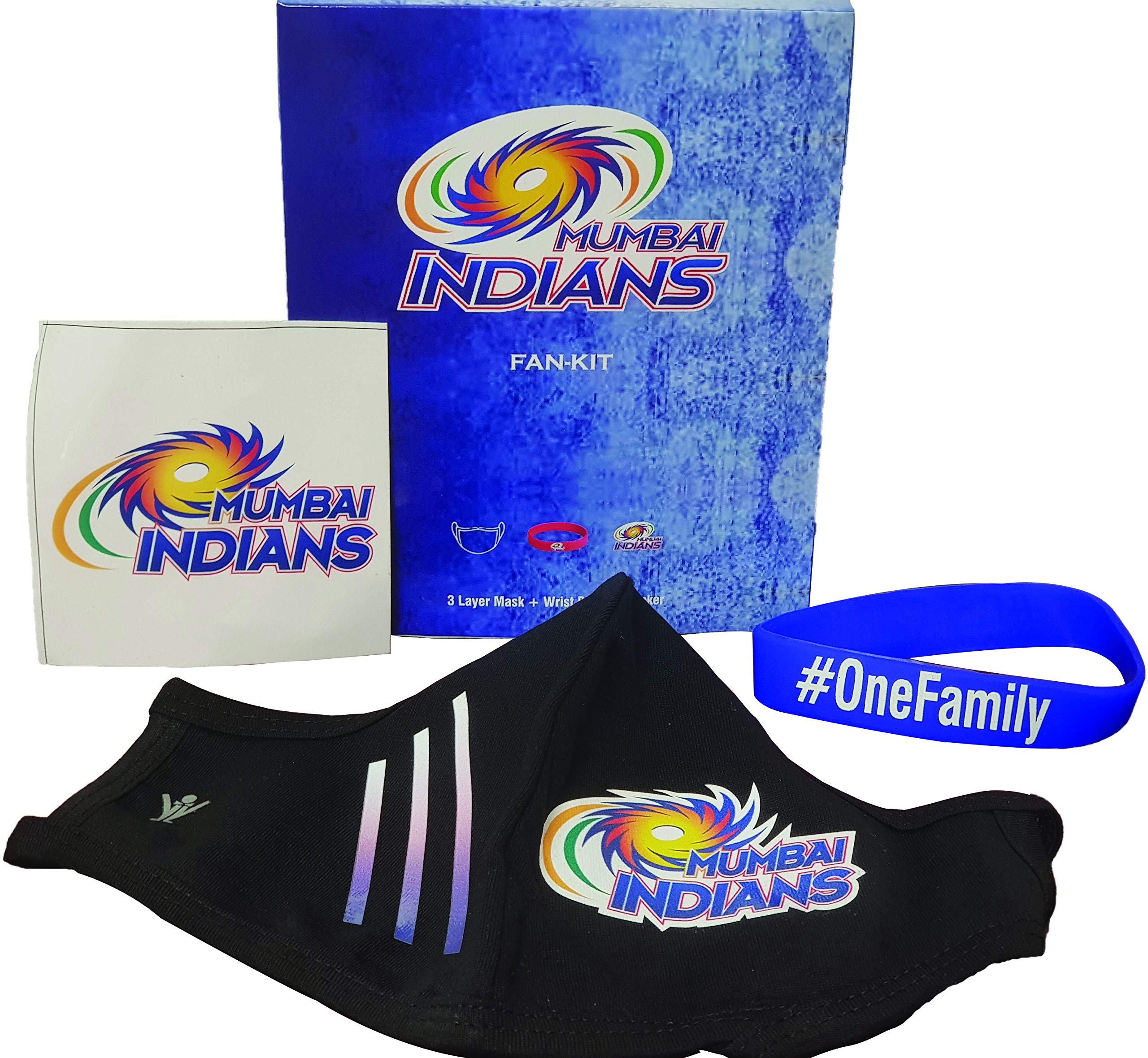 Mumbai Indians (MI) IPL Fan Kit (Includes Face Mask, Wristband and Logo Sticker)