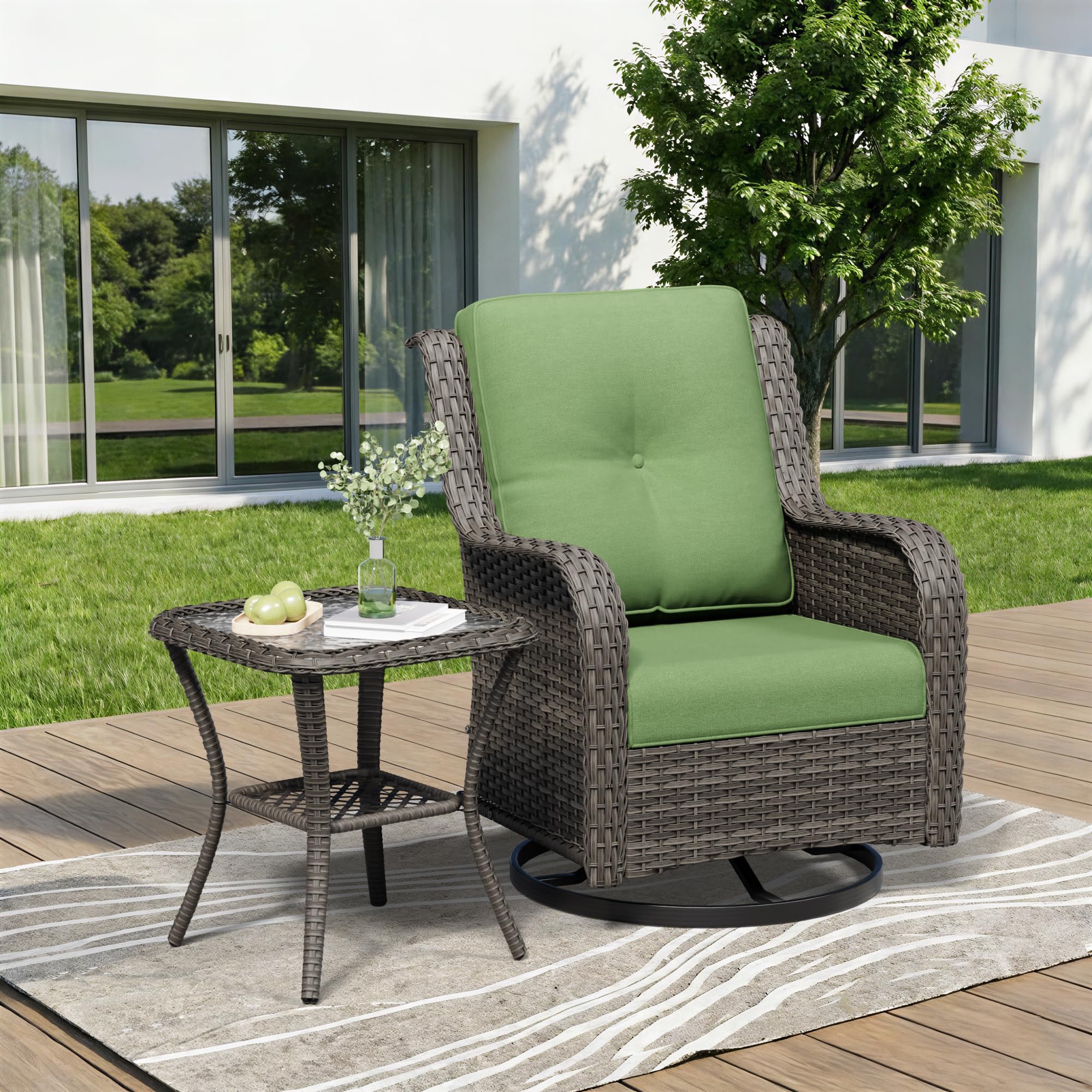2 Pieces Outdoor Swivel Rocker Patio Chairs Set - Outdoor Wicker Patio Furniture Sets with 1 Side Table, Olefin Fabric Cushions Suitable for Backyard Deck and Porch, Green