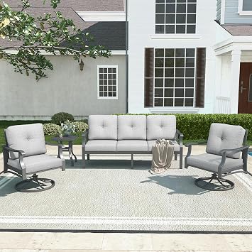 4 Piece Aluminum Patio Furniture Set, Metal Outdoor Conversation Set w/3-Seat Sofa, 2 Rocking Swivel Chairs, Side Table, Patio Bistro Set w/5" Thickened Cushions for Backyard, Poolside, Gray