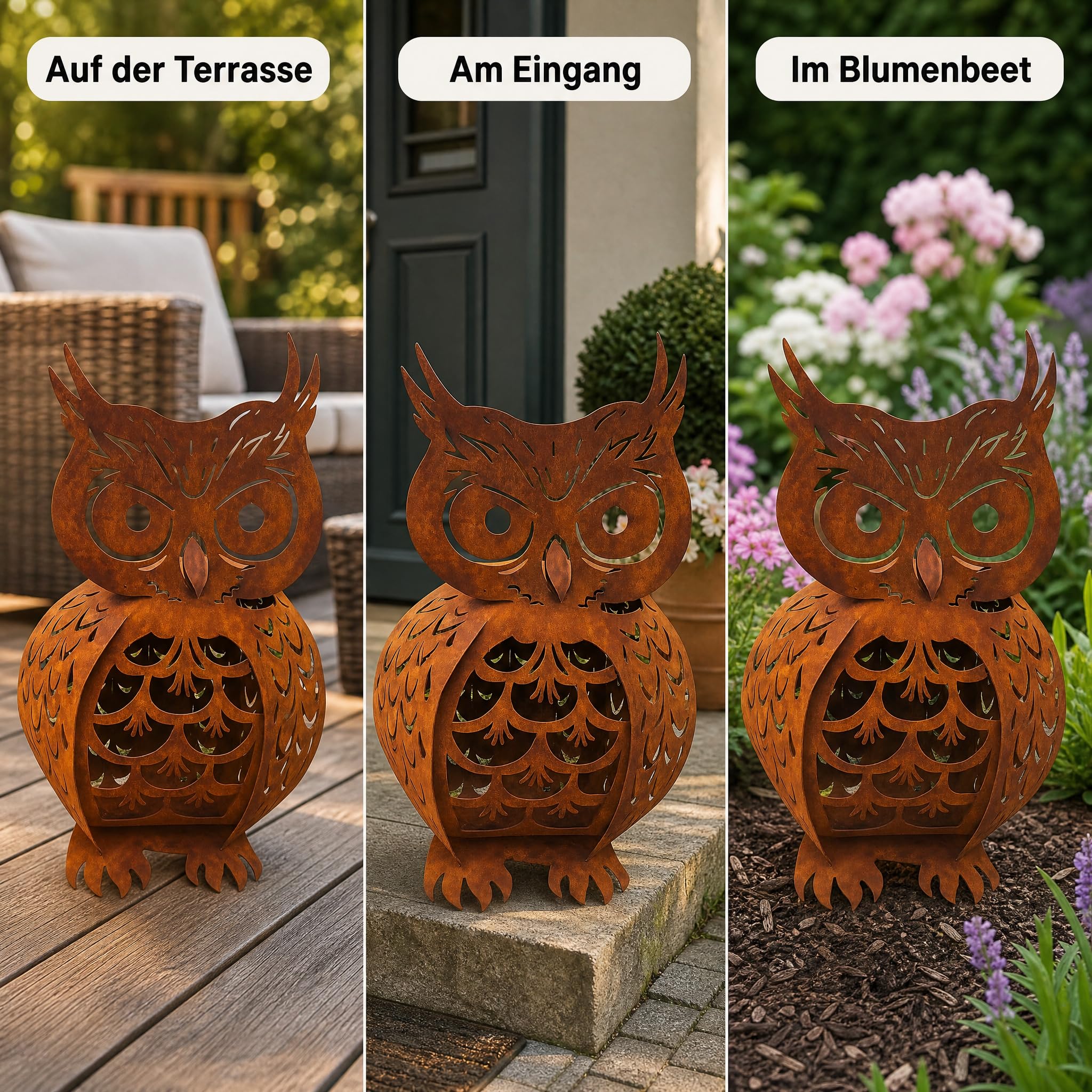 Gartendeko Rost – Eule aus Metall mit Edelrost-Patina, Filigrane Ausstanzungen, hohler Korpus für Lichtakzente, zum Hinstellen für Garten & Terrasse, 62 x 35 cm