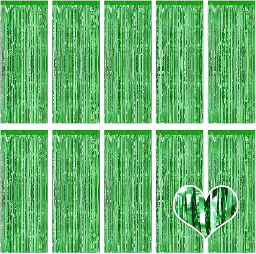 Paquete de 10 cortinas tipo telón de color verde de 3.2 x 8.2 pies, cortinas metálicas de oropel con flecos, fondo de cabina de fotos para