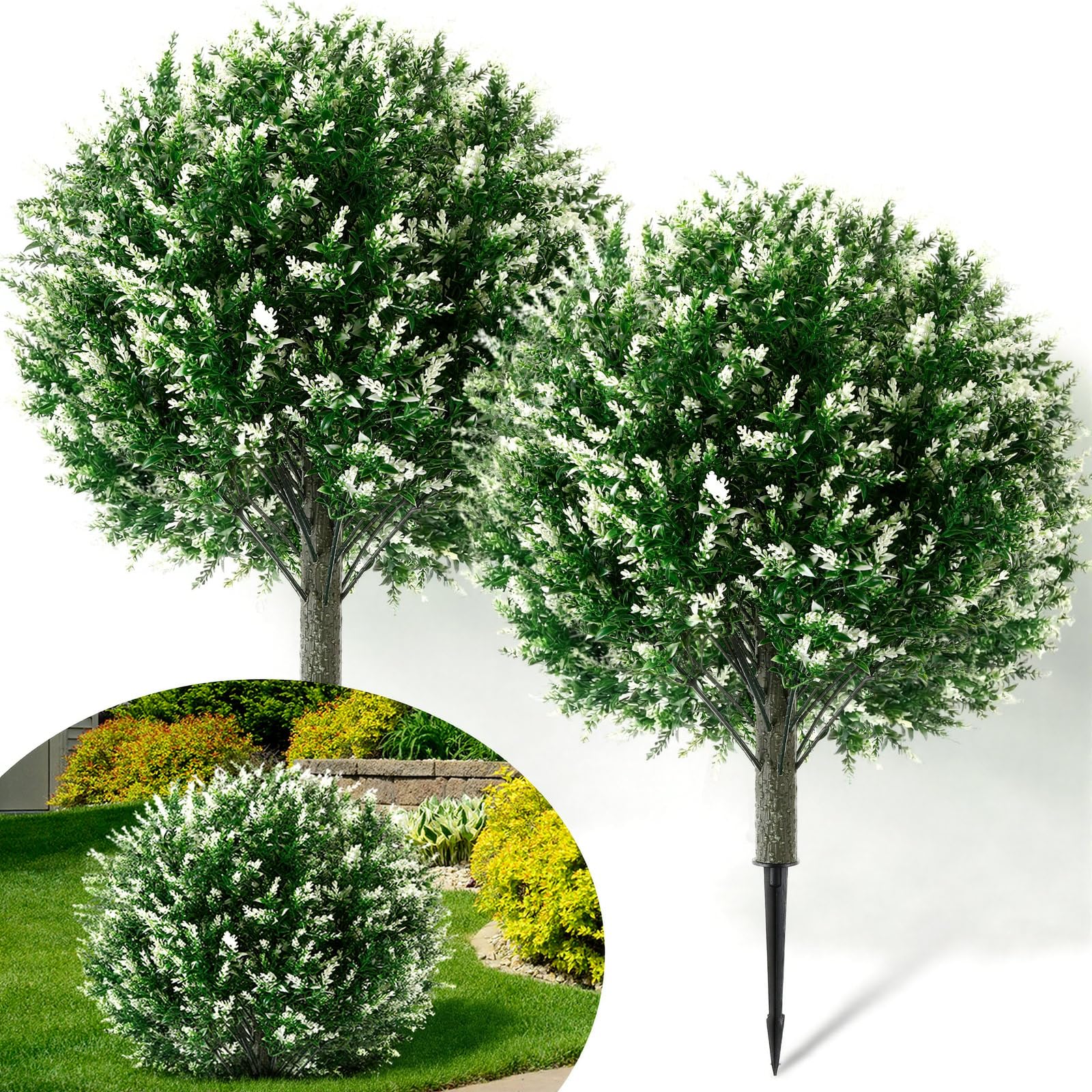 Photo 1 of Lunmon 2 Pack 24" Artificial Topiary Ball Plants Trees with Flowers, Outdoor Fake Topiary Plants with Ground Spike, UV Resistant Faux Bushes for Indoor Outdoor Front Door Decor(White,Lavender)
