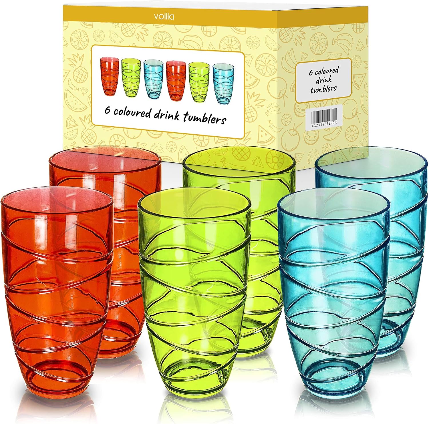 Set of 6 Plastic Tumblers, 500ml Coloured Plastic Drinking Glasses with Swirl Design, Reusable, Unbreakable