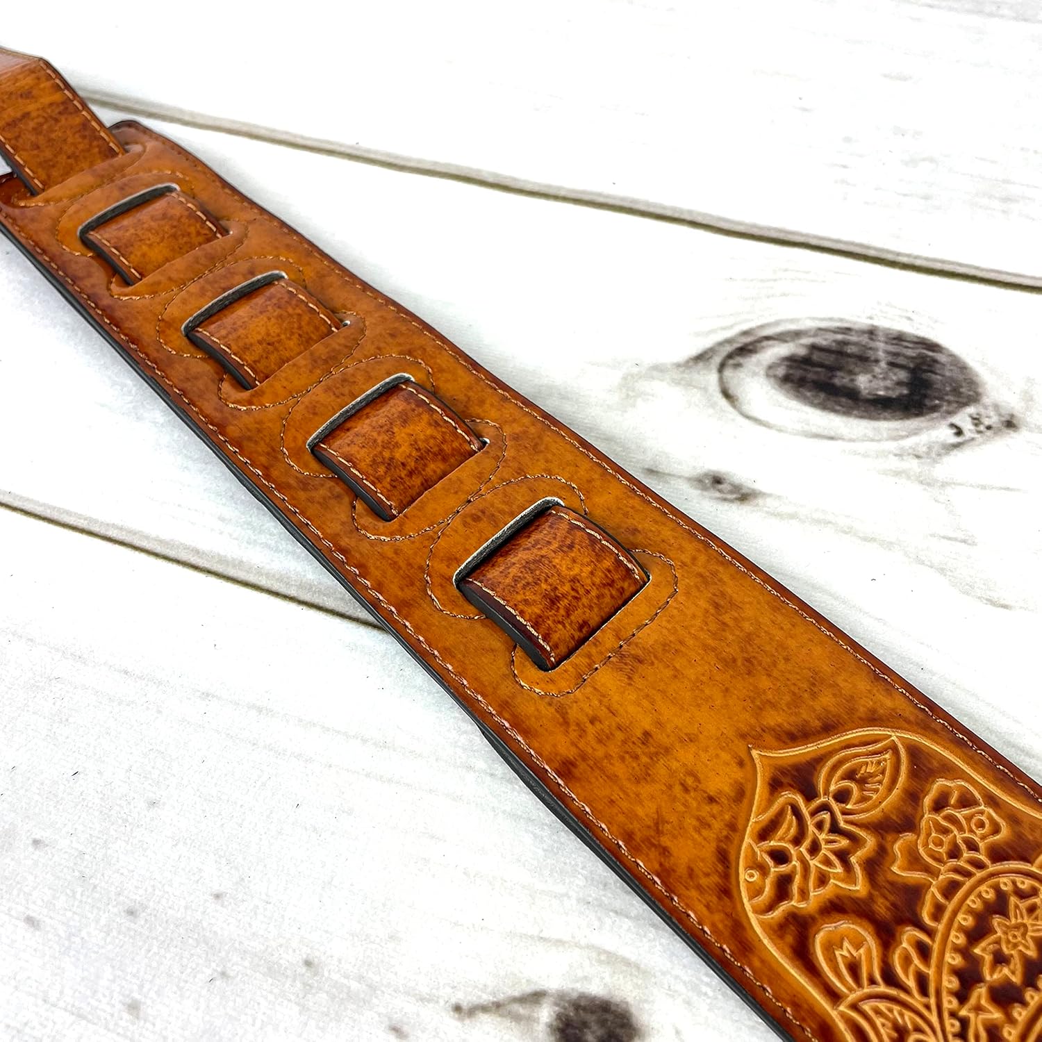 Walker And Williams GB-31 Handmade Latigo Tan Padded Guitar Strap with Vintage Paisley Pattern For Acoustic, Electric, And Bass Guitars
