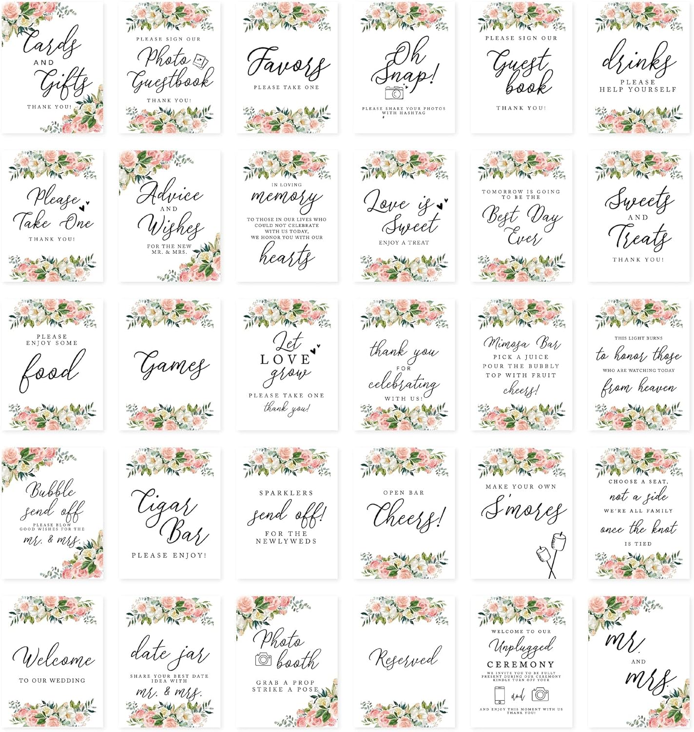 Andaz Press Peach Coral Floral Garden Wedding Signs Bundle 30 Set for Ceremony, Reception Decor Signage Includes Cards and Gifts, Reserved, Mr. & Mrs., Memorial, Guestbook, Favors Signs, 8.5 x 11"