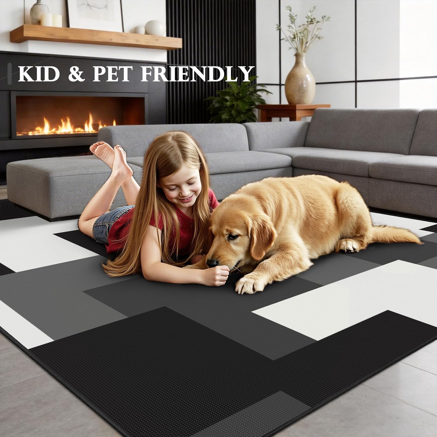 Modern Geometric 8x10 Area Rugs for Living Room Ultra Thin Linen-Look Abstract Indoor Rug Non Slip & Non-Shedding Washable Black Grey Rug for Bedroom, Dining Room Home Office