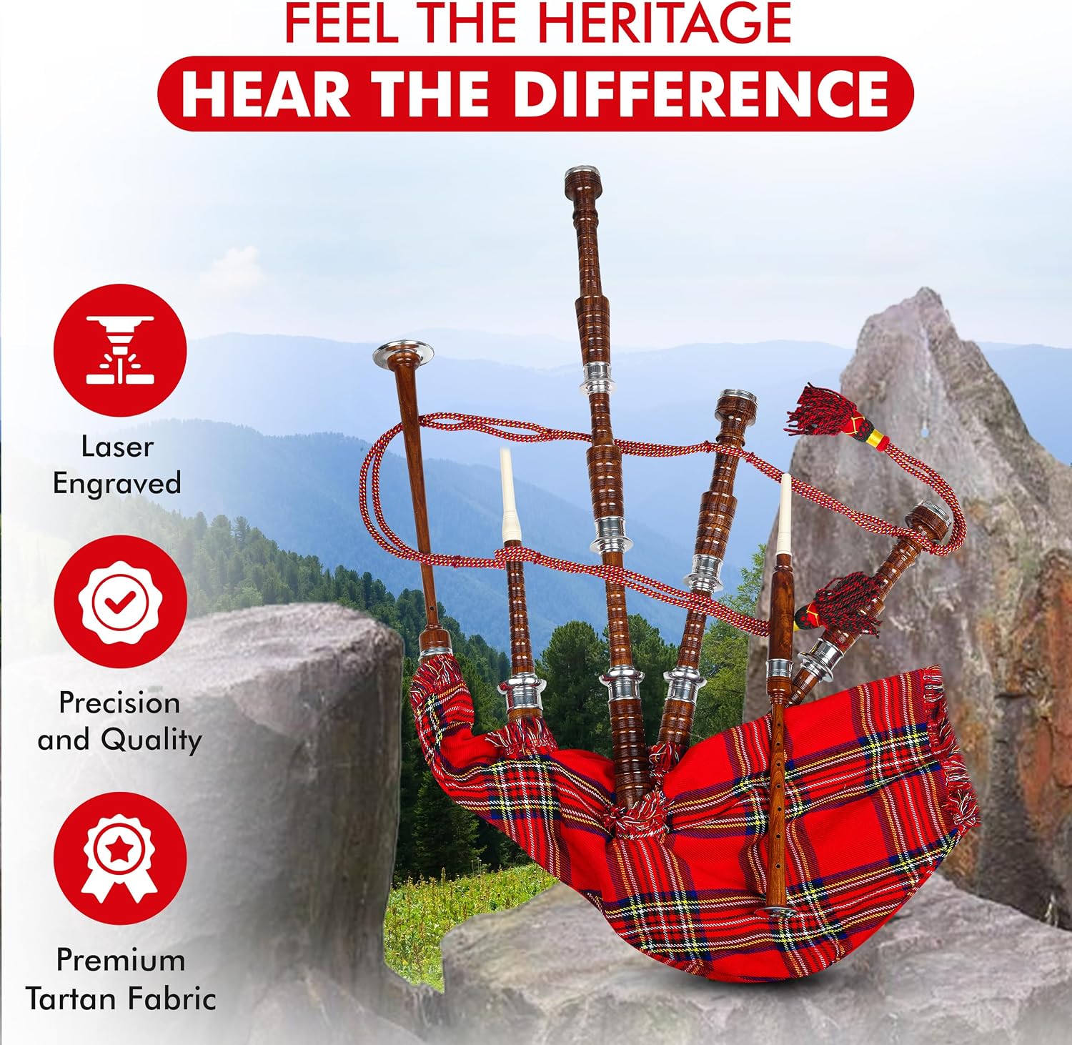 Professional Scottish Highland Bagpipes Set, Rosewood with Royal Stewart Tartan Cover, Traditional Musical Instrument with Carrying Case and Accessories