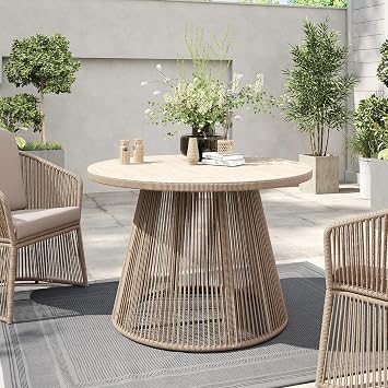 SUNSITT 43 Outdoor Dining Table, Patio Round Table for 4, Modern Patio Dining Table w/Beige Rattan Design, Tempered Glass Top w/Ceramic Coating, Metal Frame Outdoor Table for Garden Backyard Lawn