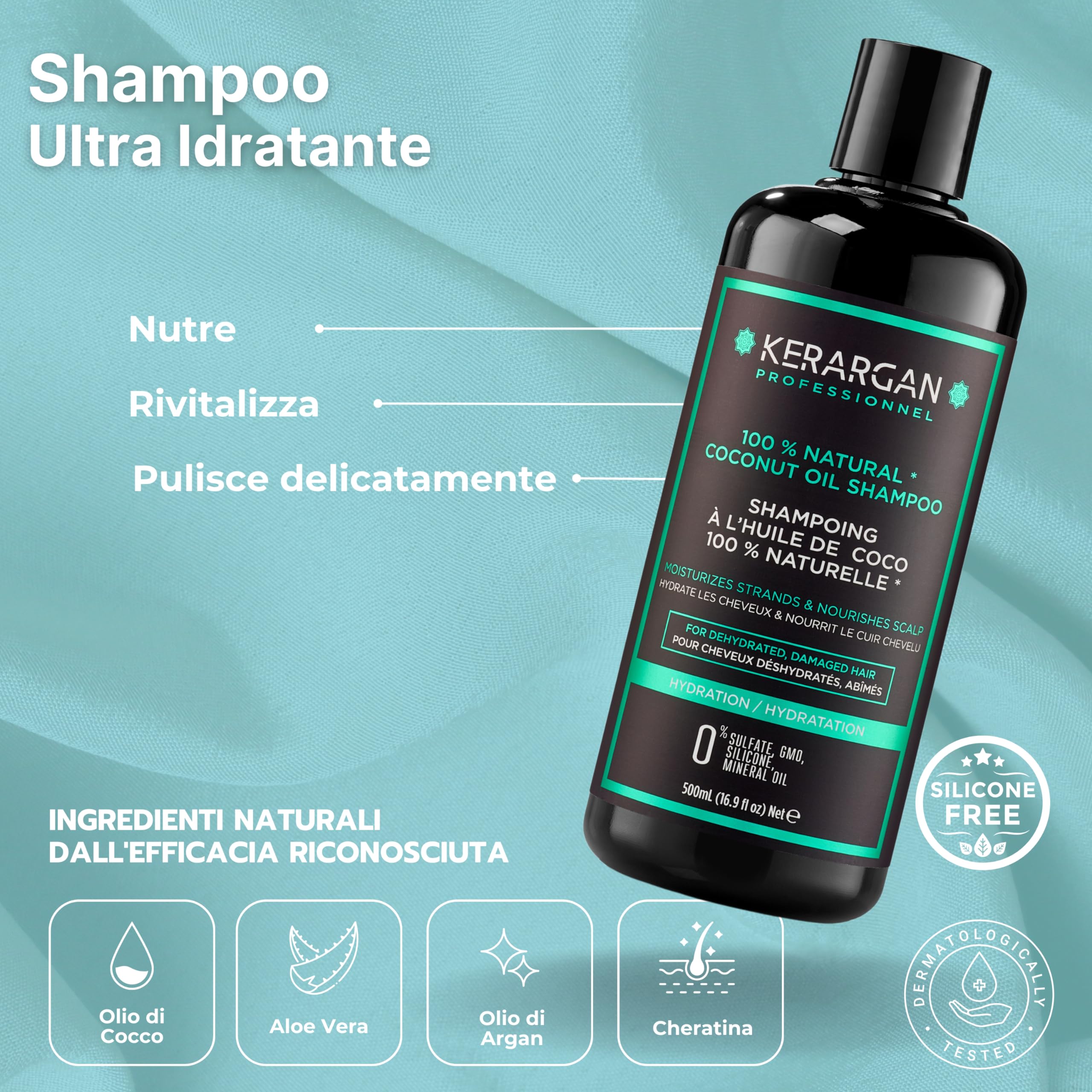 Kerargan - Set Idratante Shampoo, Balsamo, Maschera & Siero all’Olio di Cocco - Cura Completa per Capelli Disidratati, Danneggiati - Senza Solfati, GMO, Silicone - 3x500 ml + 100ml | Shampoo, balsamo, maschera e siero al cocco, routine completa per idrata