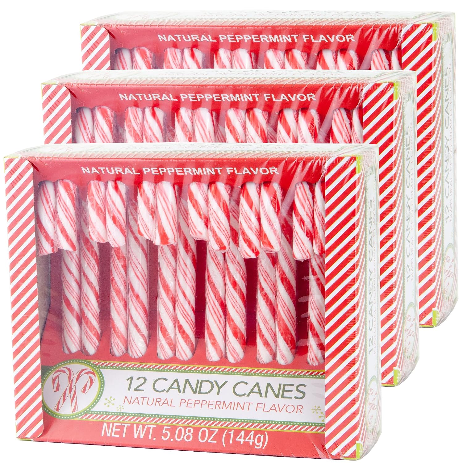 Candy Cane Peppermint Flavored | 12 Pieces in Each Box - Net 5.08 Oz Pack of 3 - 36 Total Count | Individually Wrapped (Peppermint)
