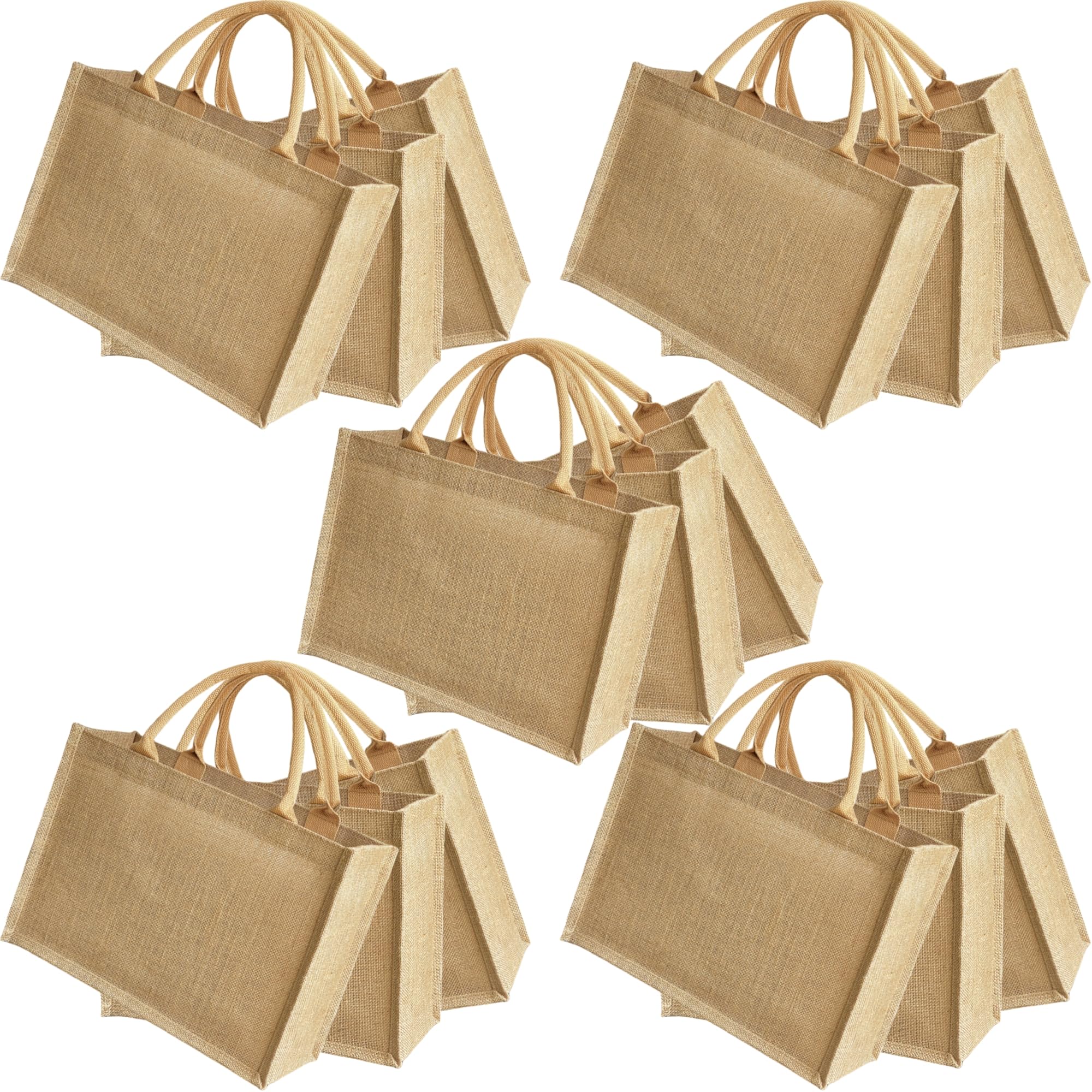 BJFCEK 15pcs Reusable burlap tote bags Natural Jute handbags with Waterproof Liner for Wedding Favors, Beach Tote, Grocery Shopping 15x12x6 Inches