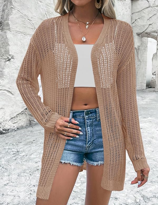 Womens 2025 Summer Lightweight Cardigan Long Sleeve Open Front Loose Beach Crochet Cover Up Camel by EliteLand - Used condition - Image 4