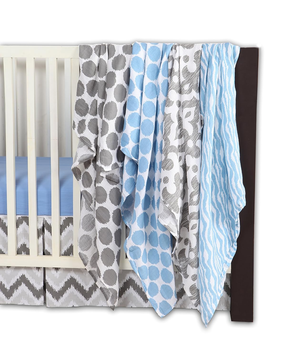 Bacati Ikat Blue/Grey 6 Pc Crib Set with 4 Muslin Blankets