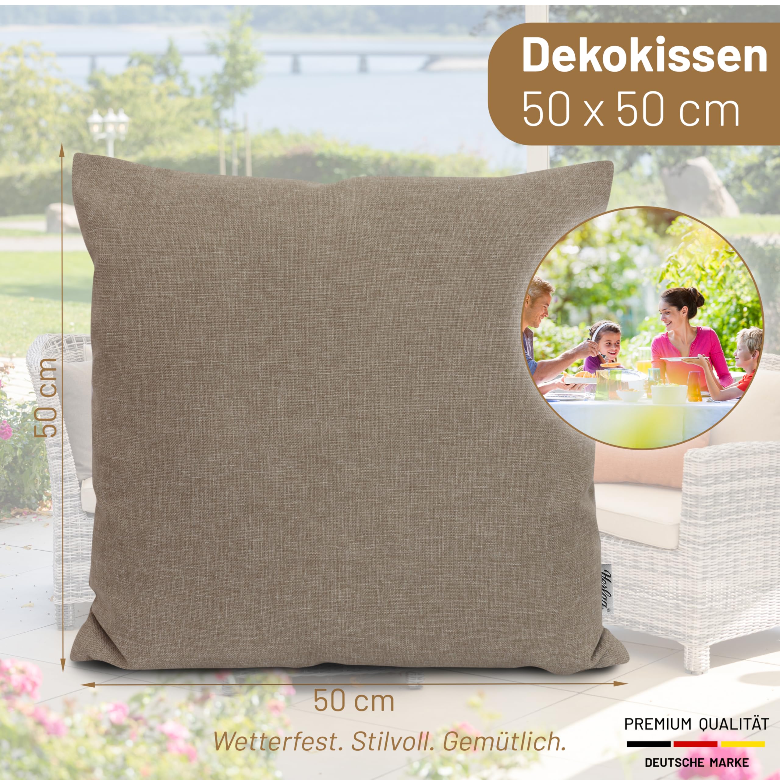Herlag Sunny Outdoor Dekokissen 50x50cm – wetterfest & UV-beständig – waschbarer Bezug mit Reißverschluss – inkl. Innenkissen – Zierkissen für Balkon & Garten – Gartenkissen für draußen – Taupe