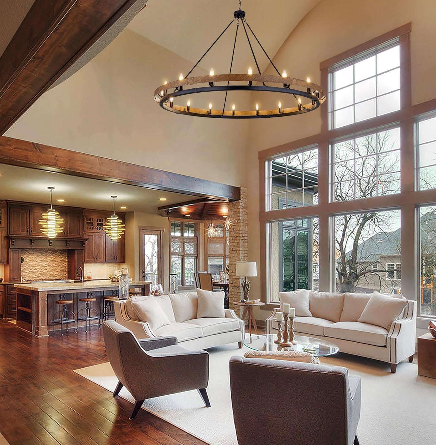 Wellmet Extra Large Rustic Chandelier, Wood Painted Pendant Light, 16-Light Farmhouse Wagon Wheel Chandelier for Living Room, Dining Room, Bedroom, Corridor, Hallway, Entryway